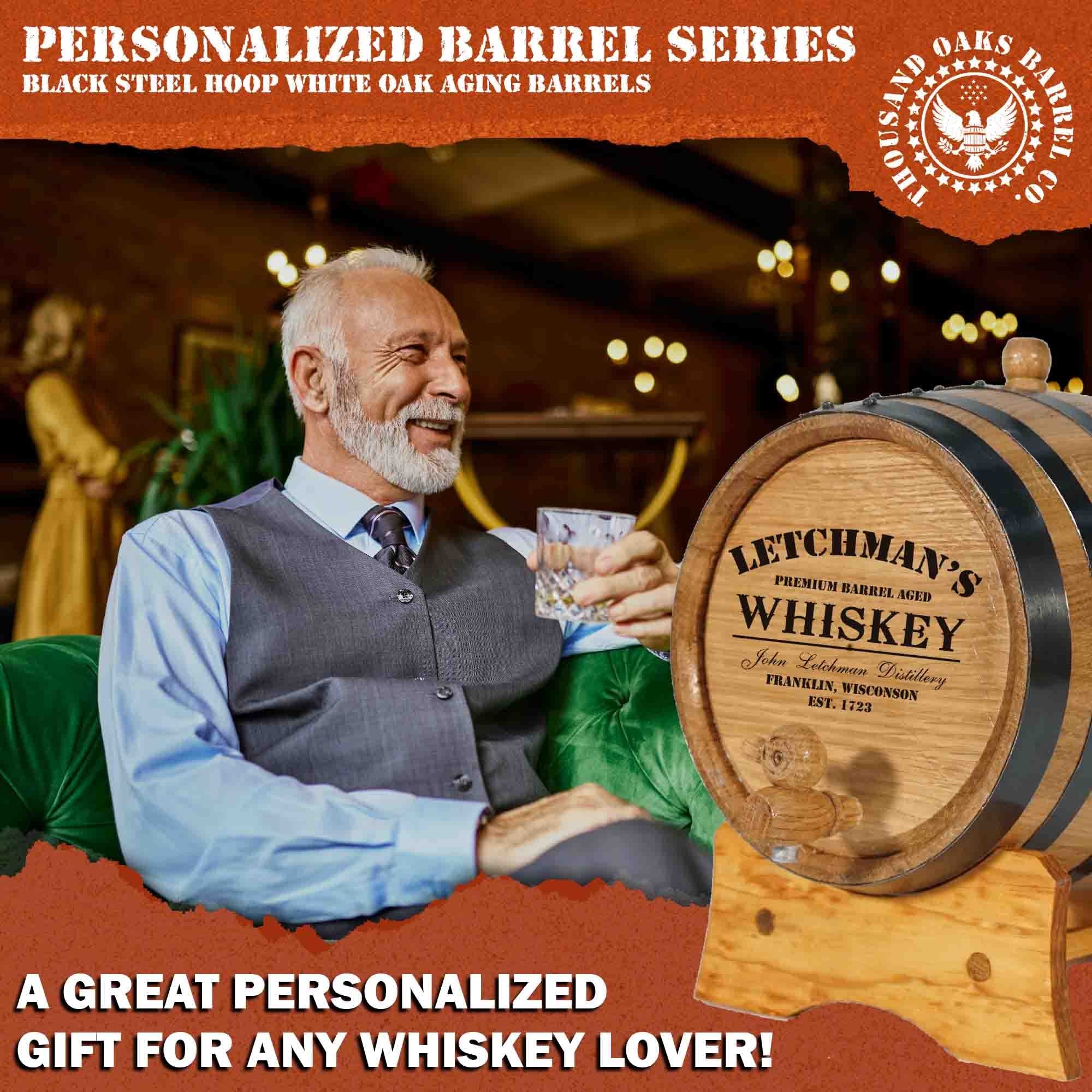 Personalized 10 Liter (2.5 Gallon) American Oak Whiskey Aging Barrel with Stand, Bung & Spigot - Perfect for Aging Bourbon, Rum, Tequila, Wine & Craft Cocktails | Engraved Custom Whiskey Barrel Design | Home Bar, Man Cave & Distillery Use