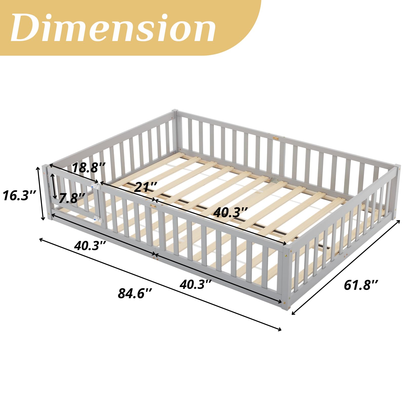 Montessori Toddler Floor Bed with Safety Guardrails & Door - Solid Wood Queen Bed Frame for Kids, Girls & Boys (Grey) | Safe Sleep Solution for Daycare, Nursery & Montessori Classroom