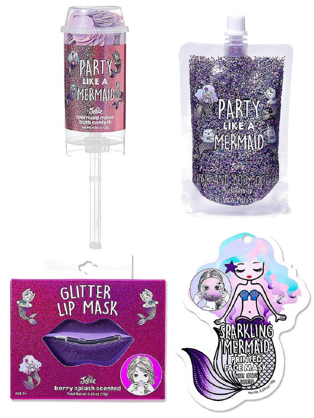 Mermaid 4pc Cosmetic Set: Lip Mask, Bath Confetti, Body Glitter for Party & Spa Nights