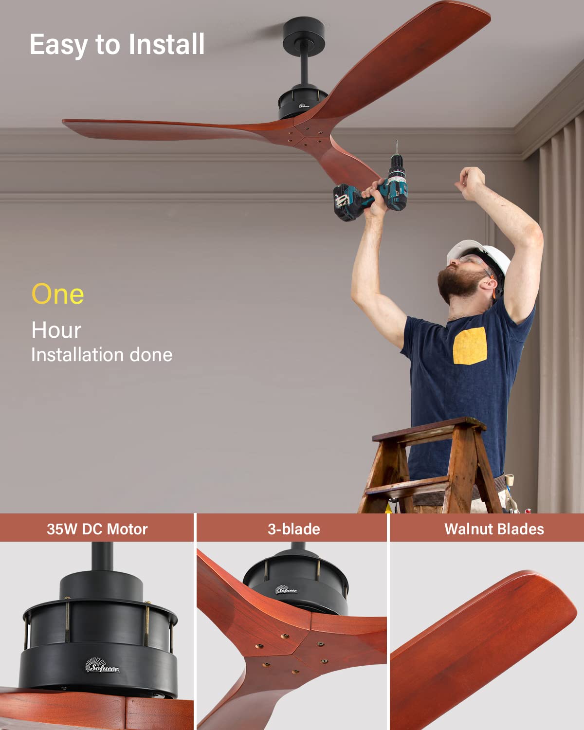 60 Inch Solid Wood Ceiling Fan with Remote - No Lights, Low Profile Flush Mount in Yellow White - 3 Blade Indoor/Outdoor Ceiling Fan with 3 Downrods - Perfect for Living Room, Farmhouse, Patio, Bedroom & Office