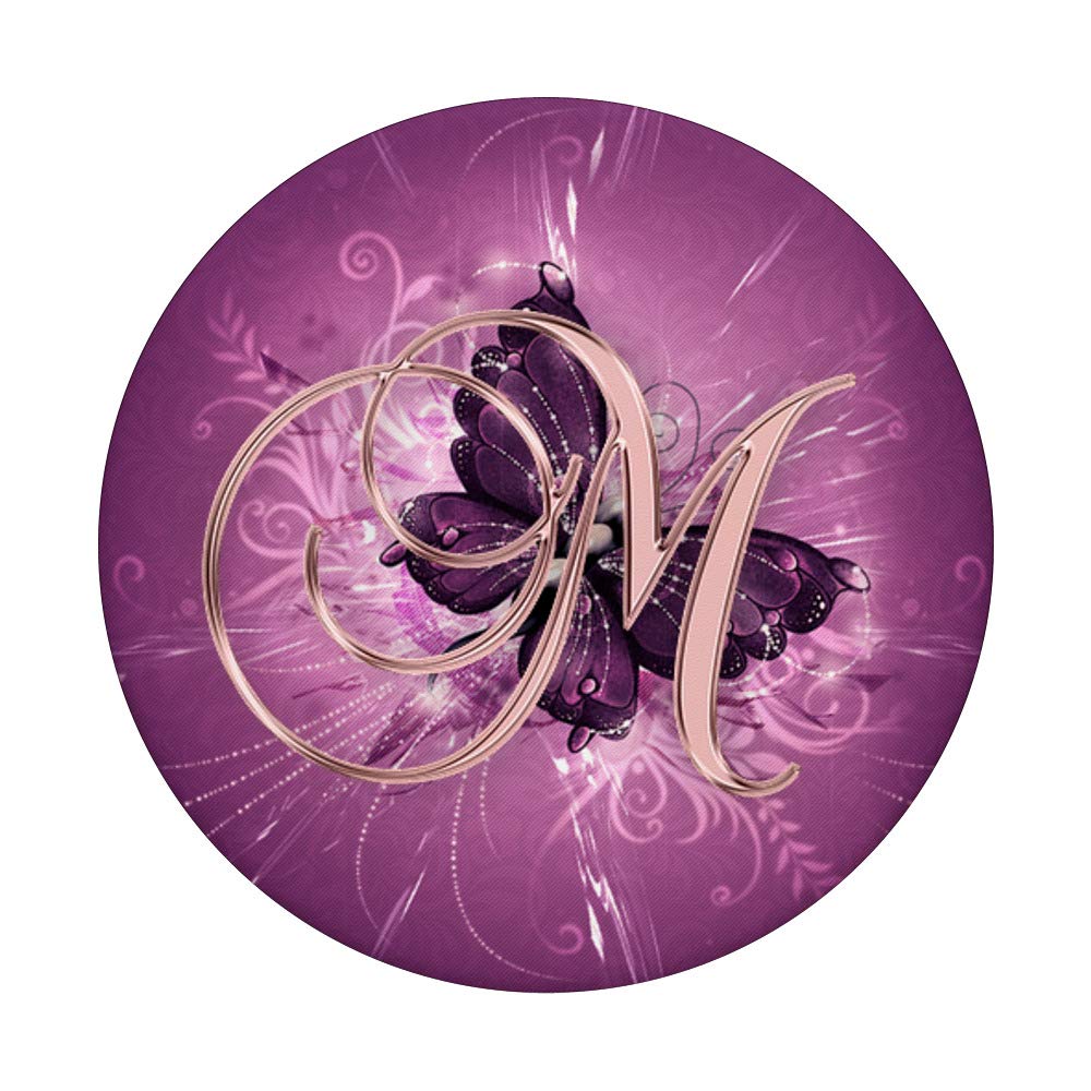 Golden Rose Letter M with Purple Butterfly Design PopSockets PopGrip - Interchangeable Phone & Tablet Grip for iPhone, Samsung, iPad - Perfect for Daily Use, Travel, and Secure Device Handling