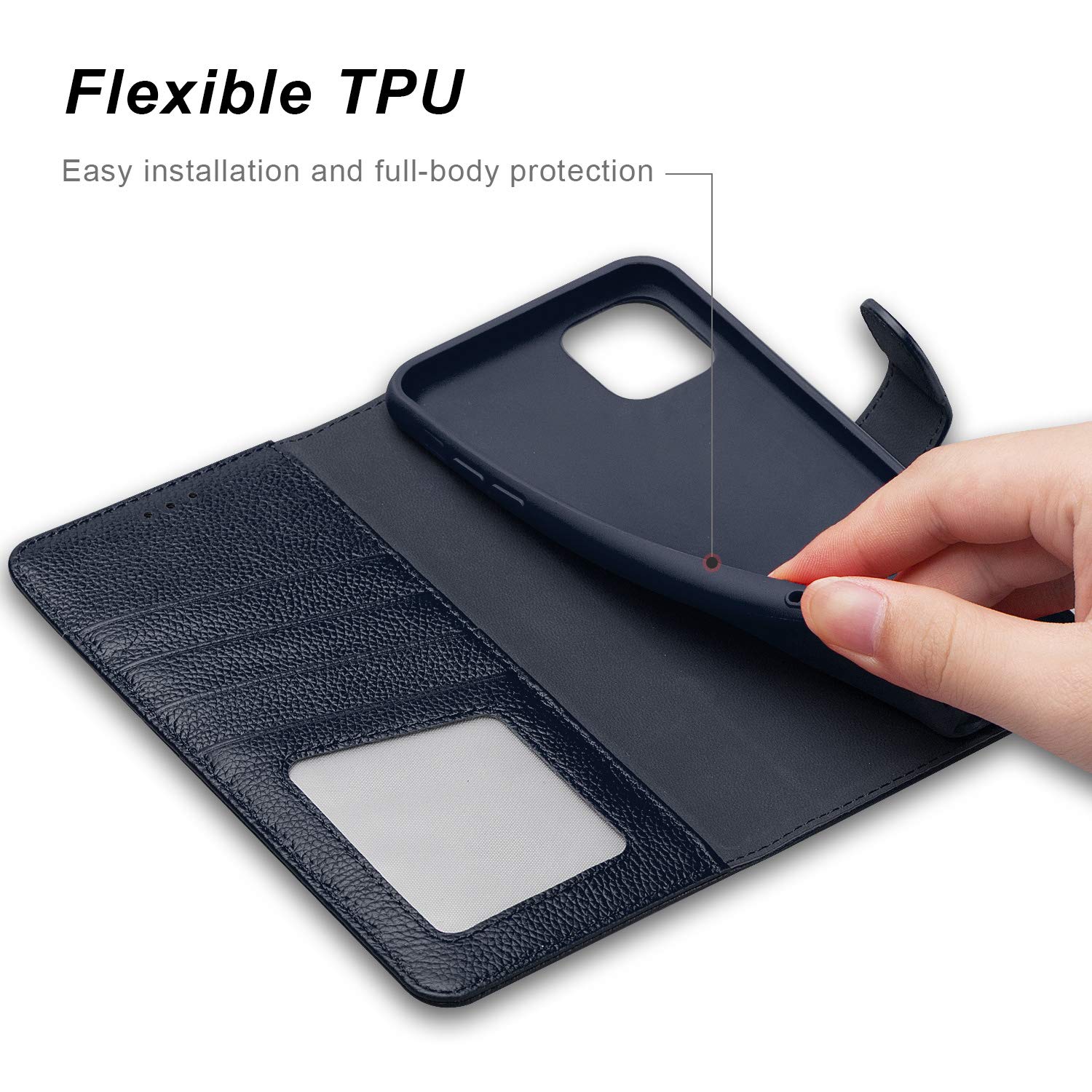 Premium Genuine Leather Wallet Case for iPhone 12 Pro Max 5G (6.7 Inch) - RFID Blocking Protection, Shockproof TPU Cover with Viewing Stand (Blue) | Perfect for Business Travel, Daily Commute & Hands-Free Video Watching