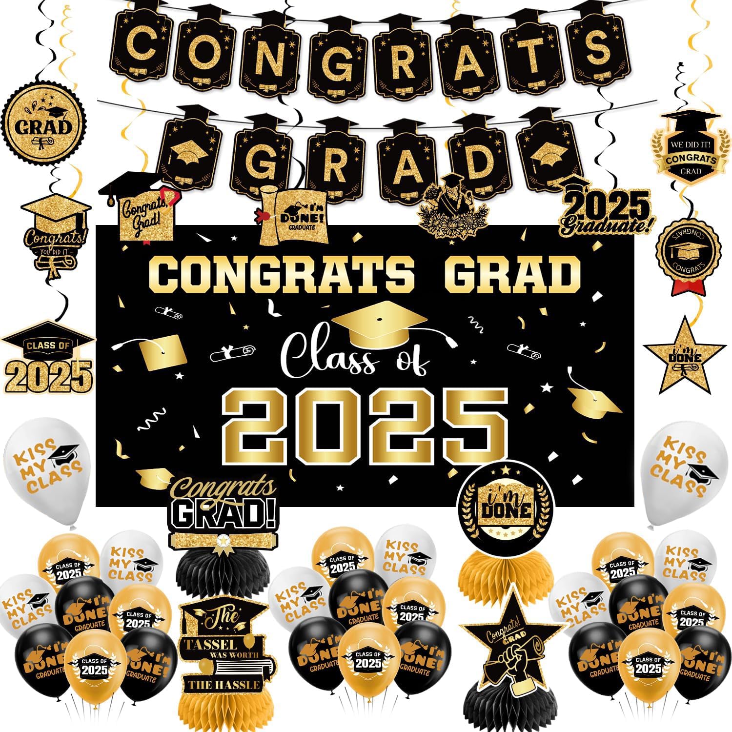 2025 Gold Graduation Decorations Set - Congrats Grad Banner, Class of 2025 Backdrop, Balloons & Streamers Kit - Complete Party Supplies for High School & College Graduation Celebrations | Perfect for Graduation Parties, Photo Booths & Commencement Decor