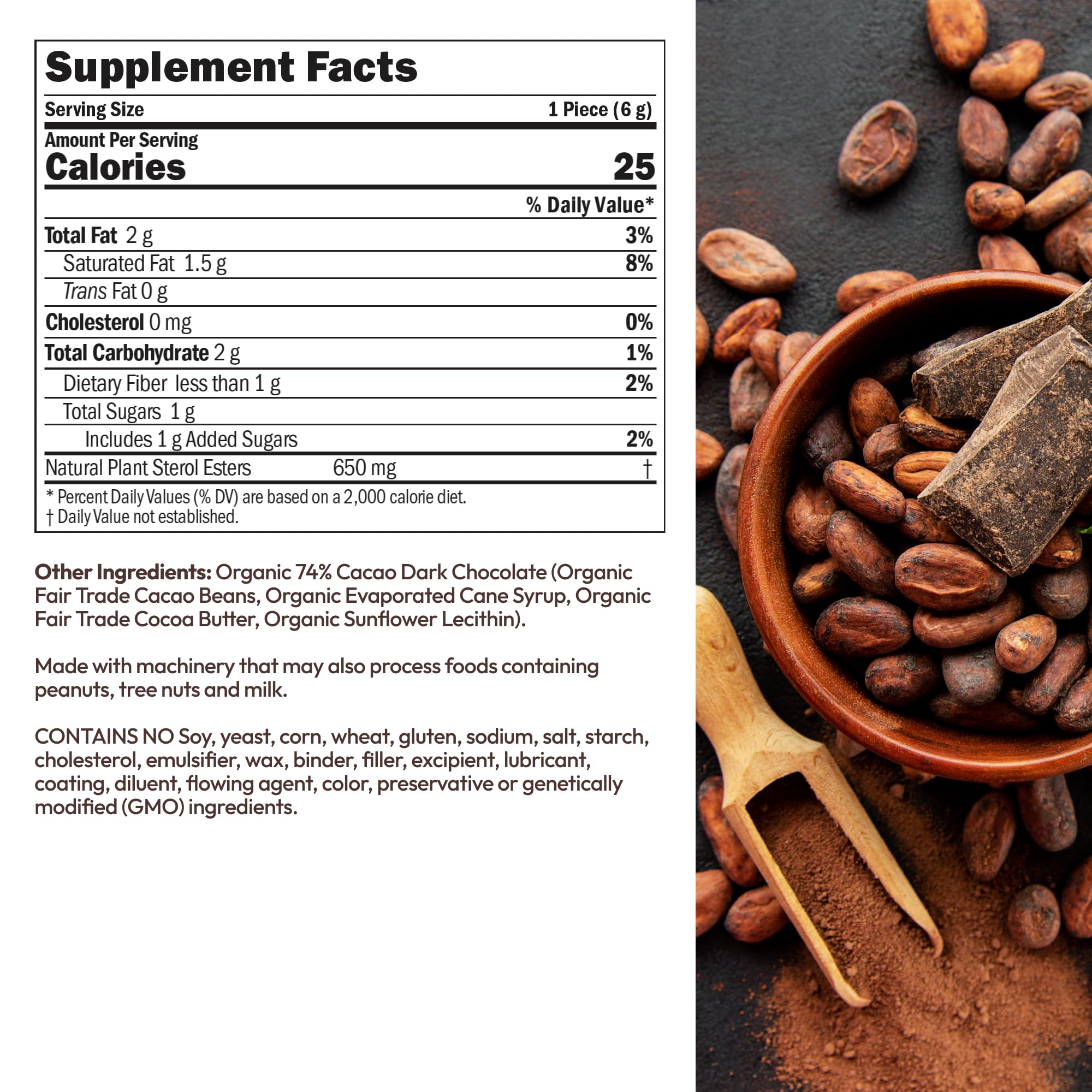 ANDREW LESSMAN ChocoNuvo 74% Cacao Dark Chocolate - 180 Organic Fair Trade Pieces with Plant Sterols for Healthy Cholesterol | Low Calorie (26 Cal/Sq), Low Fat, Low Sugar | Perfect for Healthy Snacking & Heart-Conscious Diets