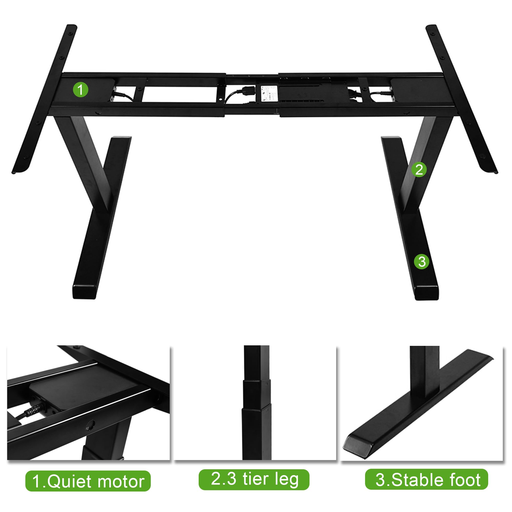 Fromann Electric 3-Tier Standing Desk Frame - Dual Motor Height Adjustable Sit Stand Desk Base for Home & Office (Black) | Ergonomic Workstation Solution for Home Office, Gaming & Study