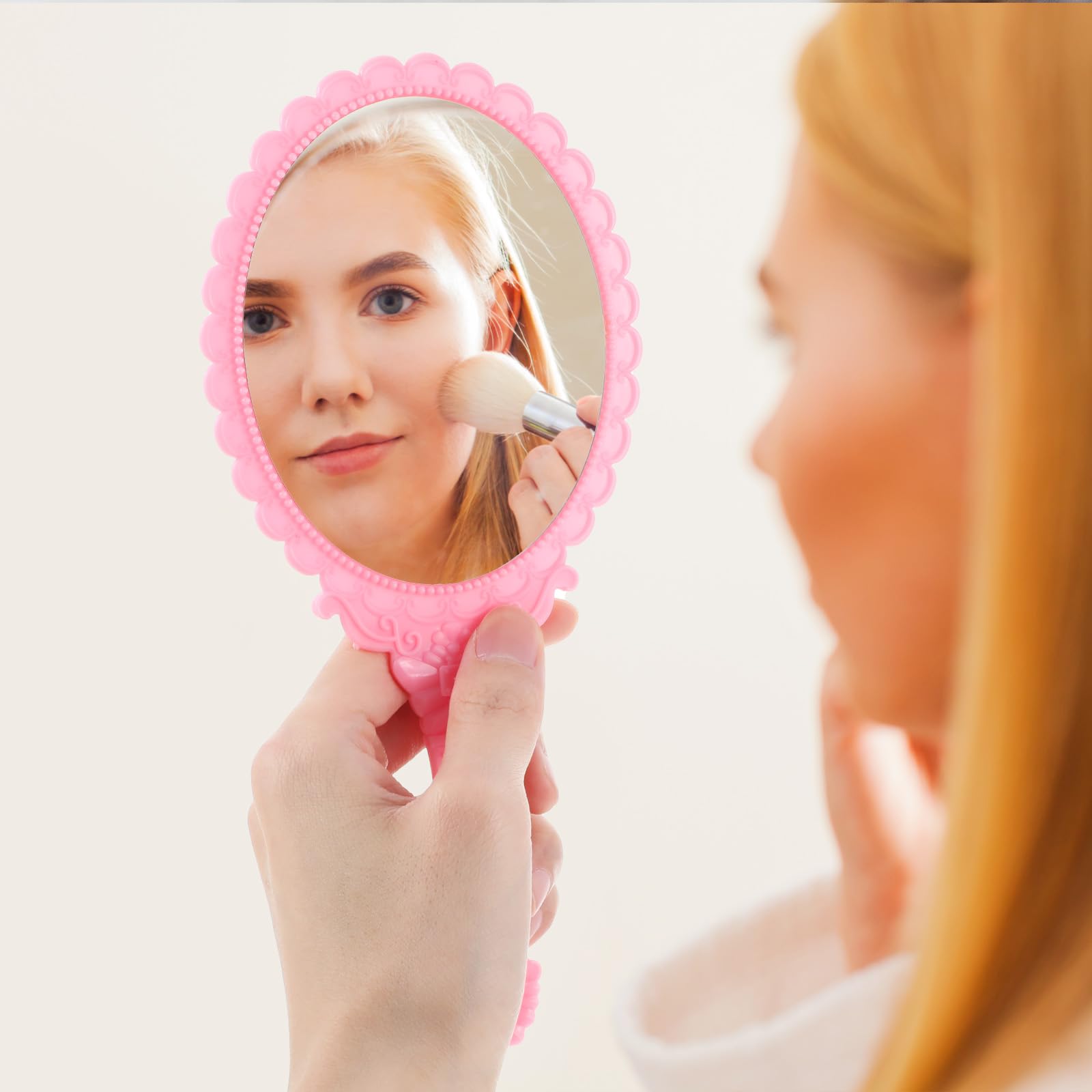 Pink Hand Mirror for Women & Girls - Compact Travel Mirror with Handle, Lightweight Oval Embossed Vanity Mirror | Perfect for Makeup, Purse, Travel & Home Decor