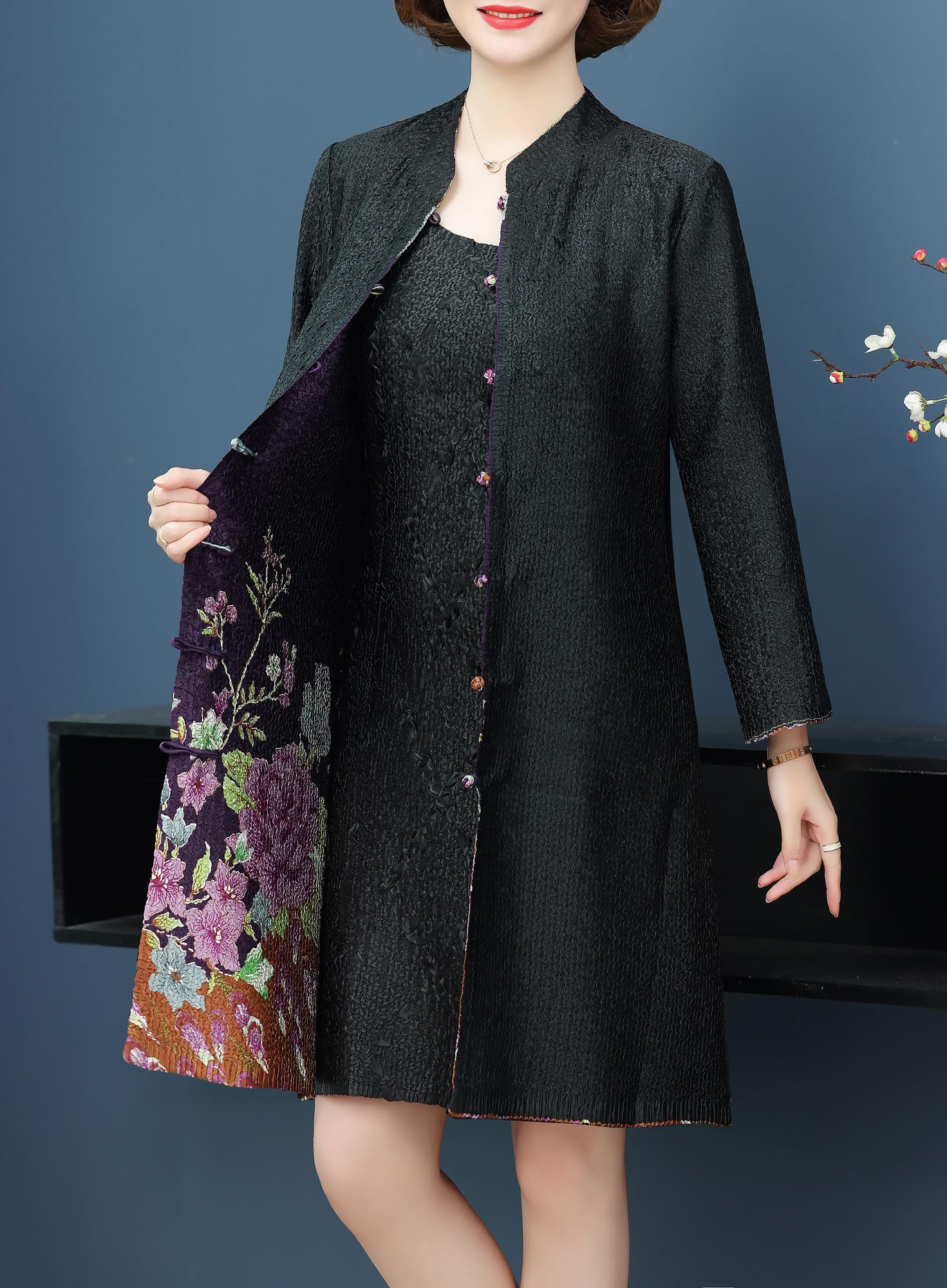 Women's Reversible Crinkle Bubble Fabric Long Shirt with Floral Print - Elegant Chinese Style Blouse for Casual Wear, Office & Special Occasions