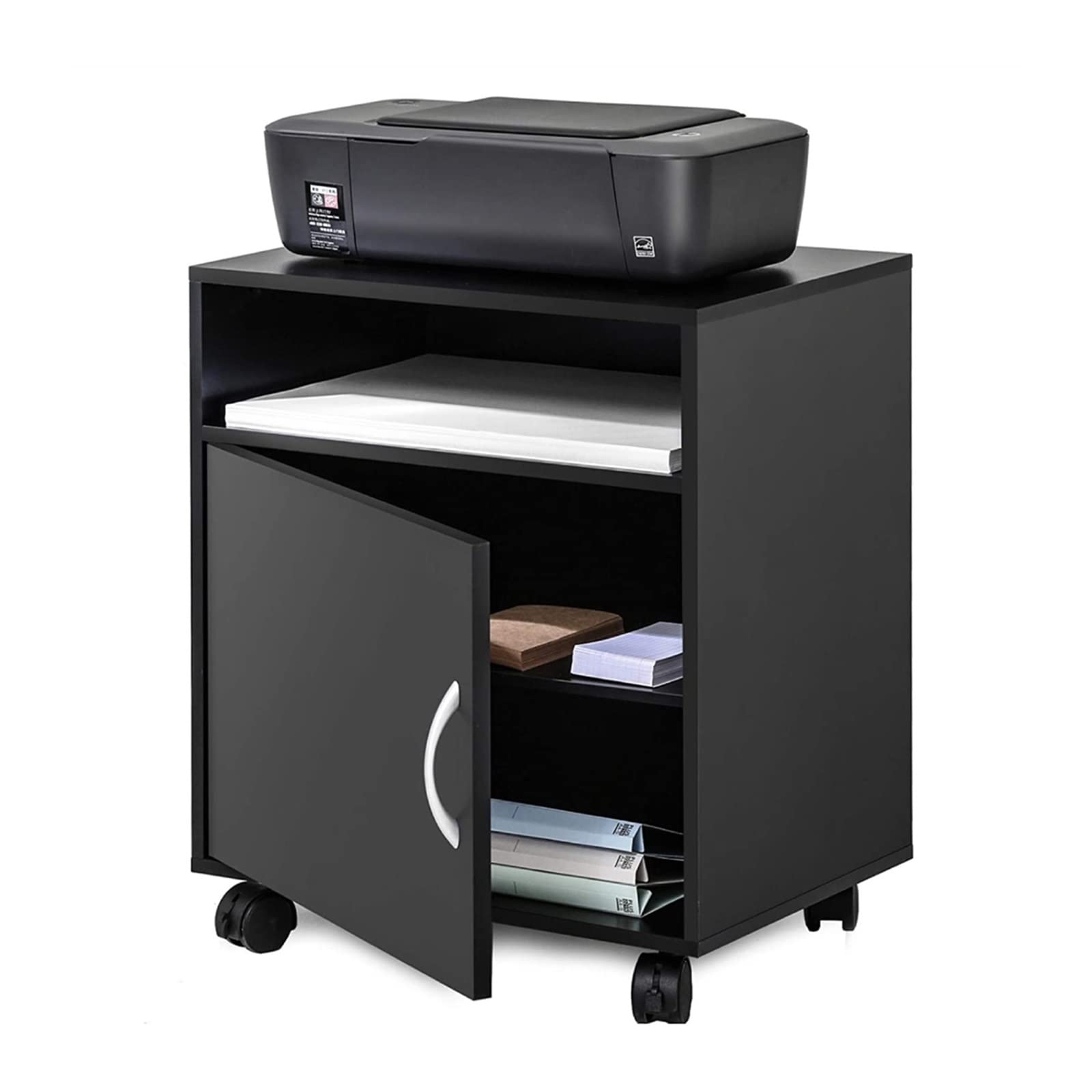 TOMYEUS Mobile Printer Stand with Wheels - Wooden Office Storage Cabinet, Multi-Purpose Rolling Work Cart for Home & Office - Easy Assembly Black Desktop Organizer (Perfect for Small Spaces & Workspace Organization)
