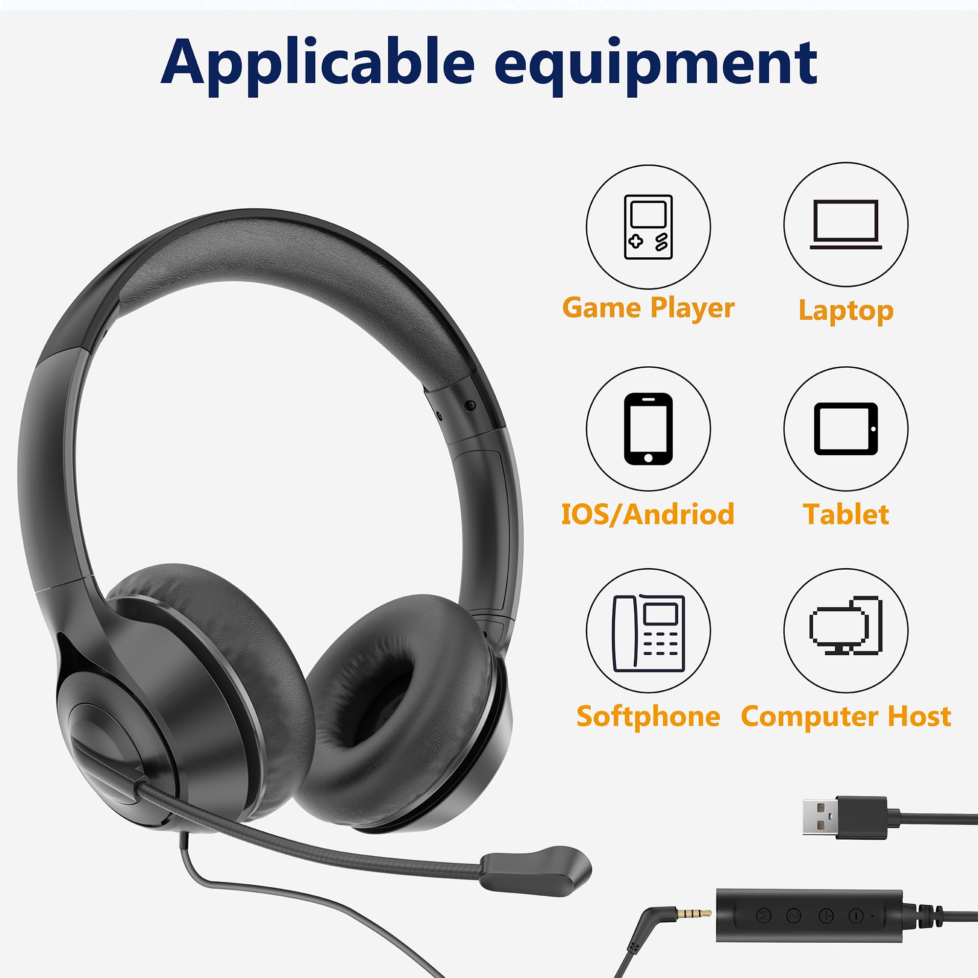 Noise Cancelling USB Headset with Microphone & Audio Controls - 3.5mm/USB Dual Jack Computer Headphones for Office, Call Center, Online Teaching, Skype/Zoom Meetings, Business Chat & Remote Work (Black)