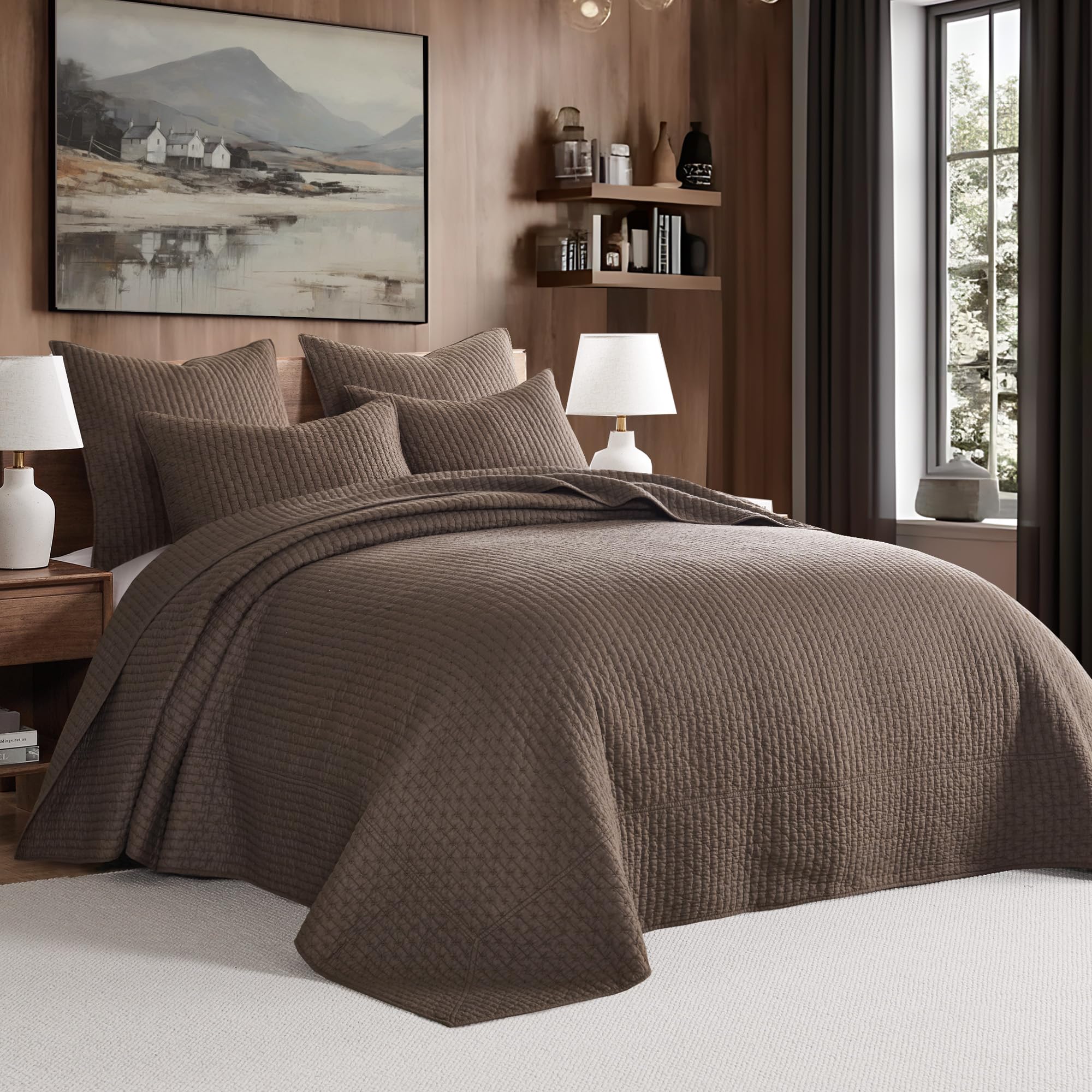 Levtex Home King Size Cross Stitch Cocoa Bedspread Set - 120x104 Inch Quilted Cotton Bedspread with 2 King Shams (20x36in) - Elegant Cross Stitch Pattern Design - Perfect for Master Bedroom, Guest Room or Cozy Farmhouse Decor