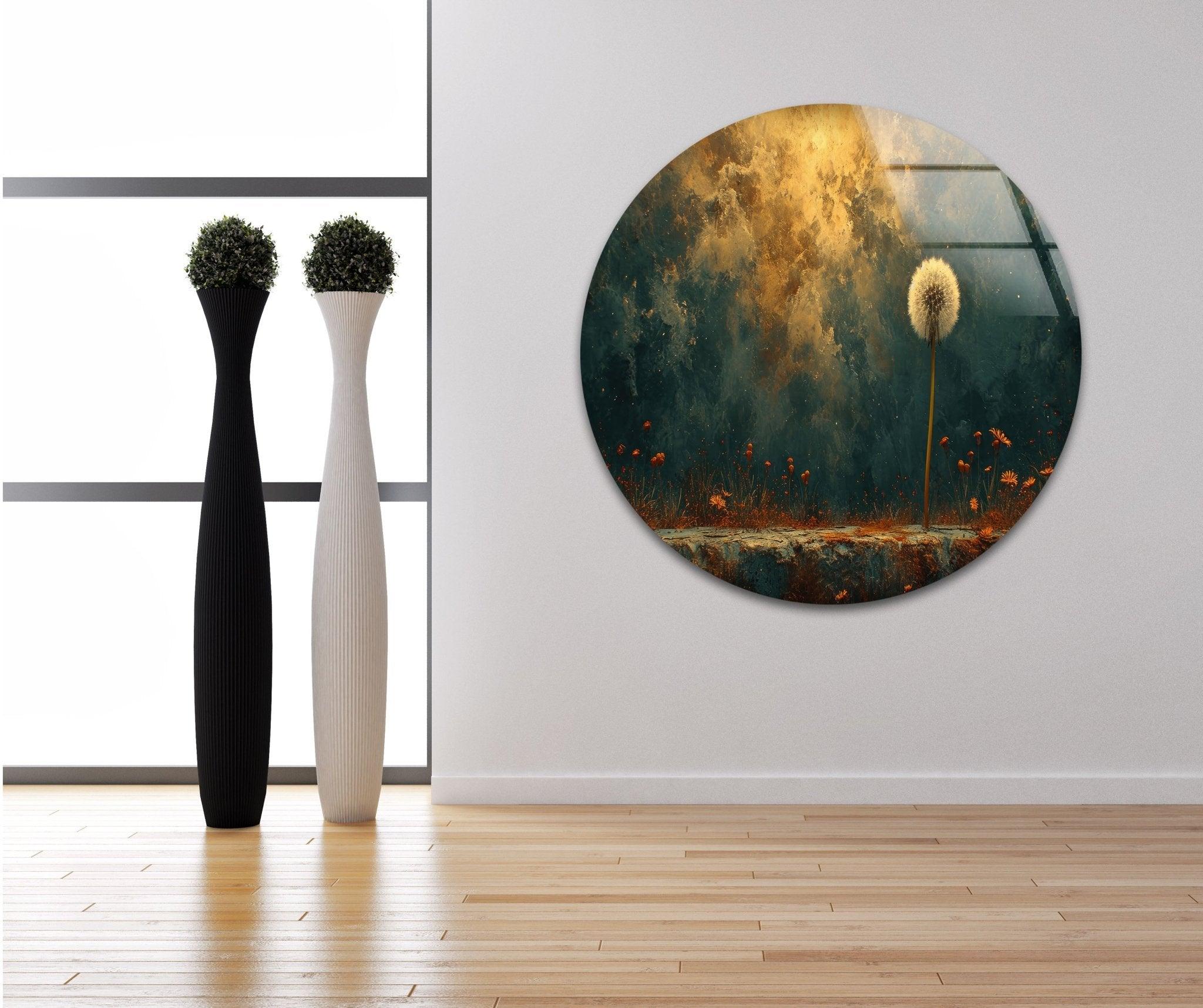 Abstract Dandelion Glass Wall Art - Handmade Modern Home Decor for Living Room, Bedroom & Office - Unique Glass Wall Hanging for Boho, Contemporary Interior Design