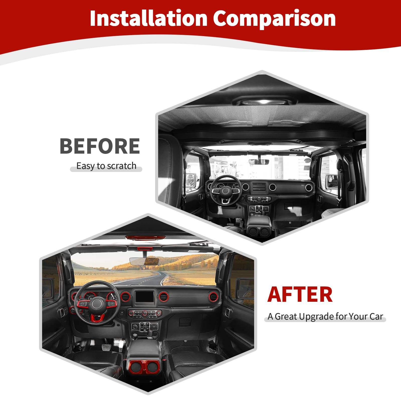 RT-TCZ Red Interior Trim Cover Kit for Jeep Wrangler JL & JLU (2018-2023) - 20pcs AC Vent Rings - Upgrade Your Ride's Style - Perfect for Off-Road Adventures & Custom Car Mods
