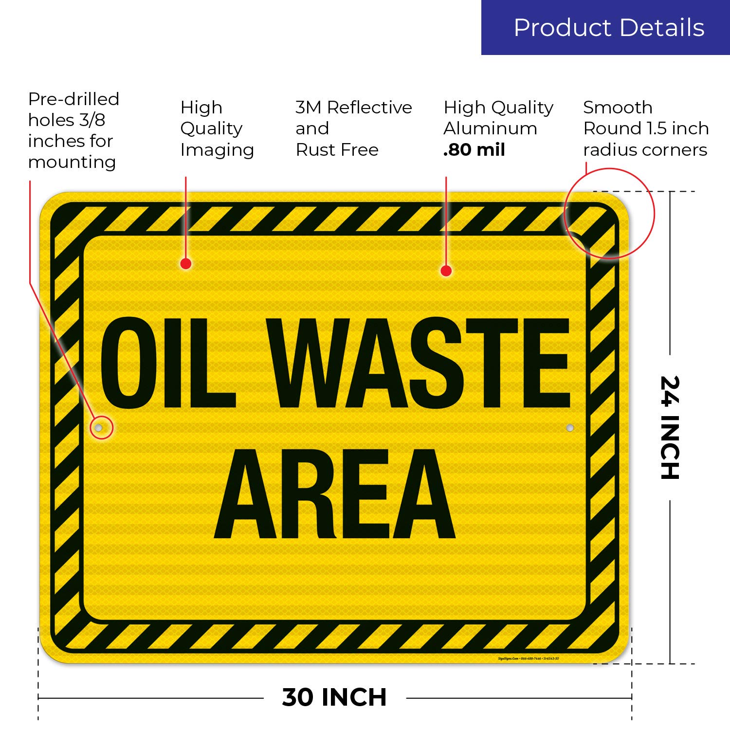3M EGP Reflective Oil Waste Area Sign - 24x30 Inches, .080 Aluminum, Fade Resistant for Indoor & Outdoor Use - Made in USA - Ideal for Industrial Facilities, Construction Sites & Hazardous Waste Areas