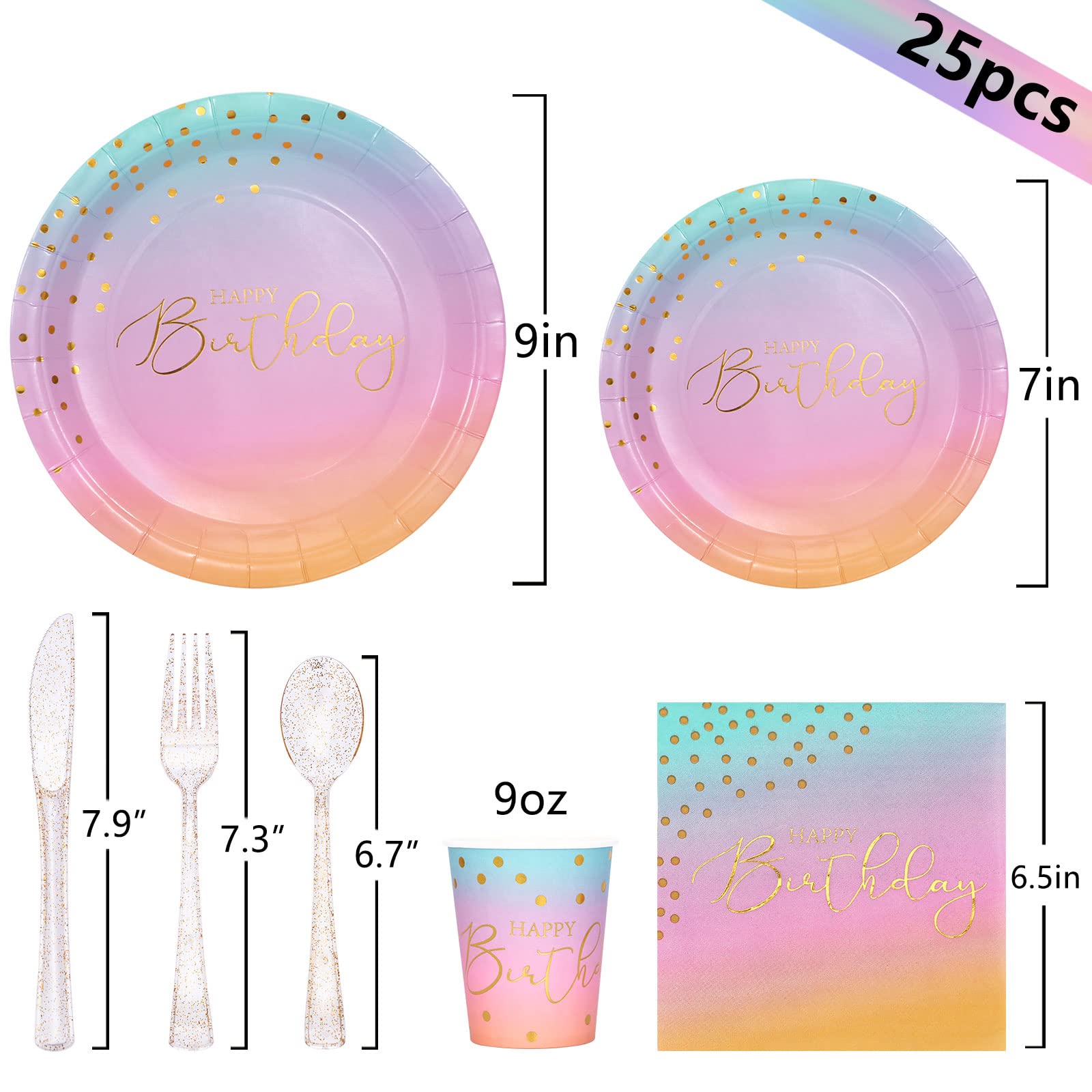 Pastel Rainbow Birthday Party Supplies for Girls - 25-Piece Disposable Plates, Cups & Napkins Set - Perfect for Kids Birthday Parties, Baby Showers & Themed Celebrations