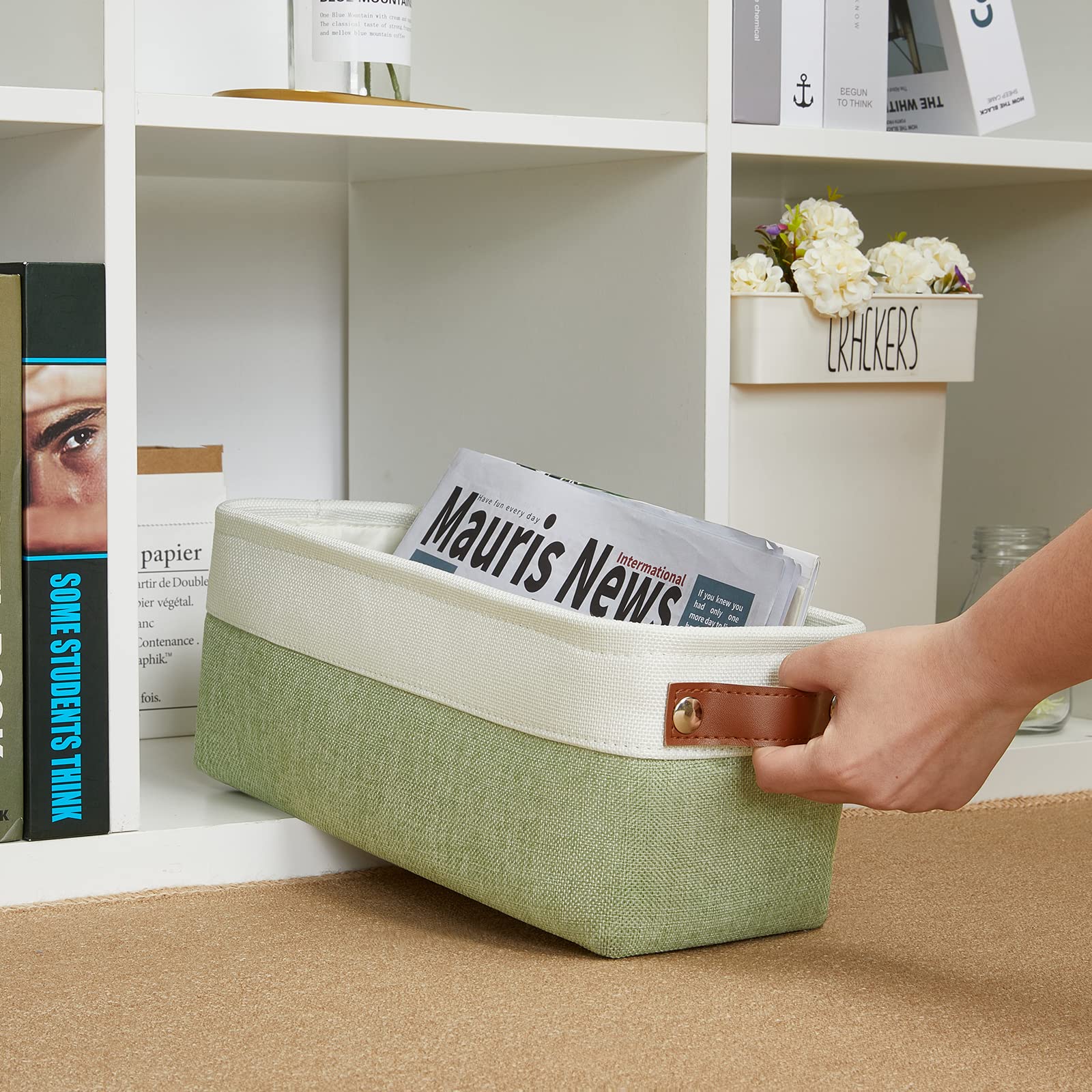 DULLEMELO Narrow Bathroom Storage Basket with Handles - Canvas Toilet Paper & Magazine Organizer for Bathroom (White & Green) | Perfect for Small Spaces, Apartment Bathrooms & Clutter-Free Organization