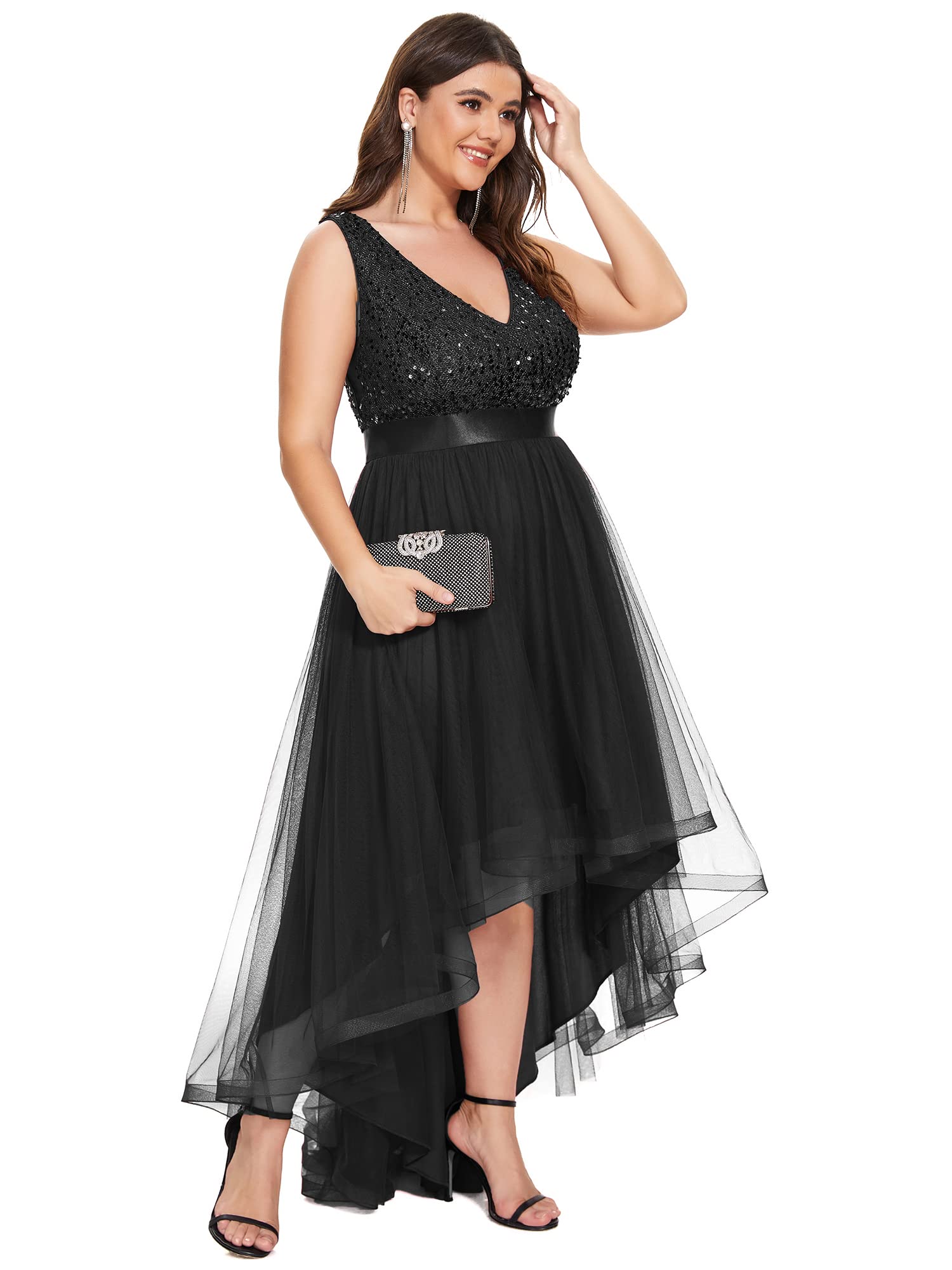 Ever-Pretty Women's Plus Size Double V-Neck A-Line High-Low Sequin Tulle Formal Dress for Curvy Women 0147A-DA | Elegant Evening Gown for Prom, Wedding Guest, Cocktail Party & Special Occasions