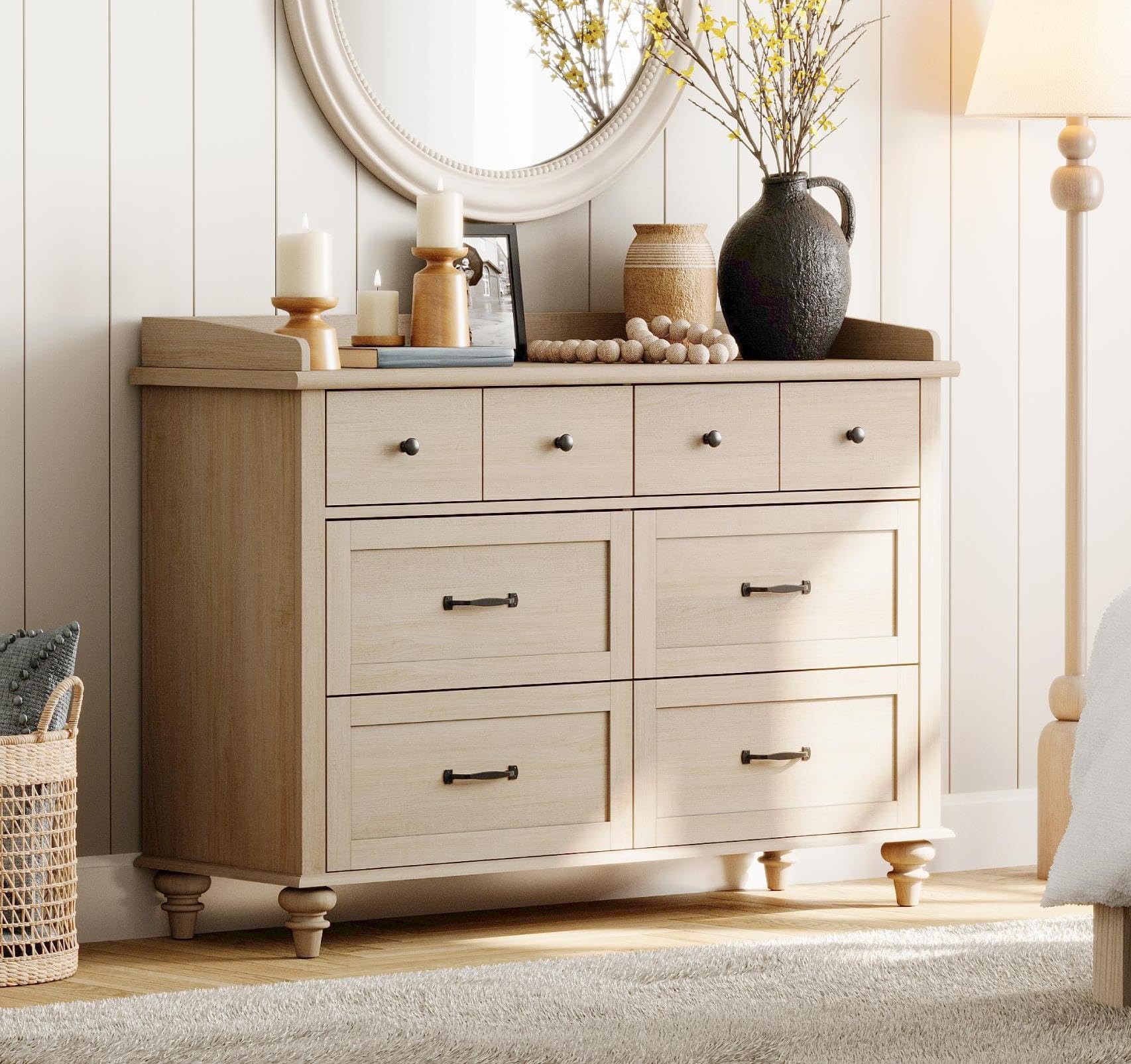 WAMPAT 6-Drawer Wooden Dresser for Bedroom - Solid Wood Legs Kids Chest of Drawers - Storage Organizer for Living Room & Entryway - Elegant Beige Dresser for Home Decor & Clothes Organization
