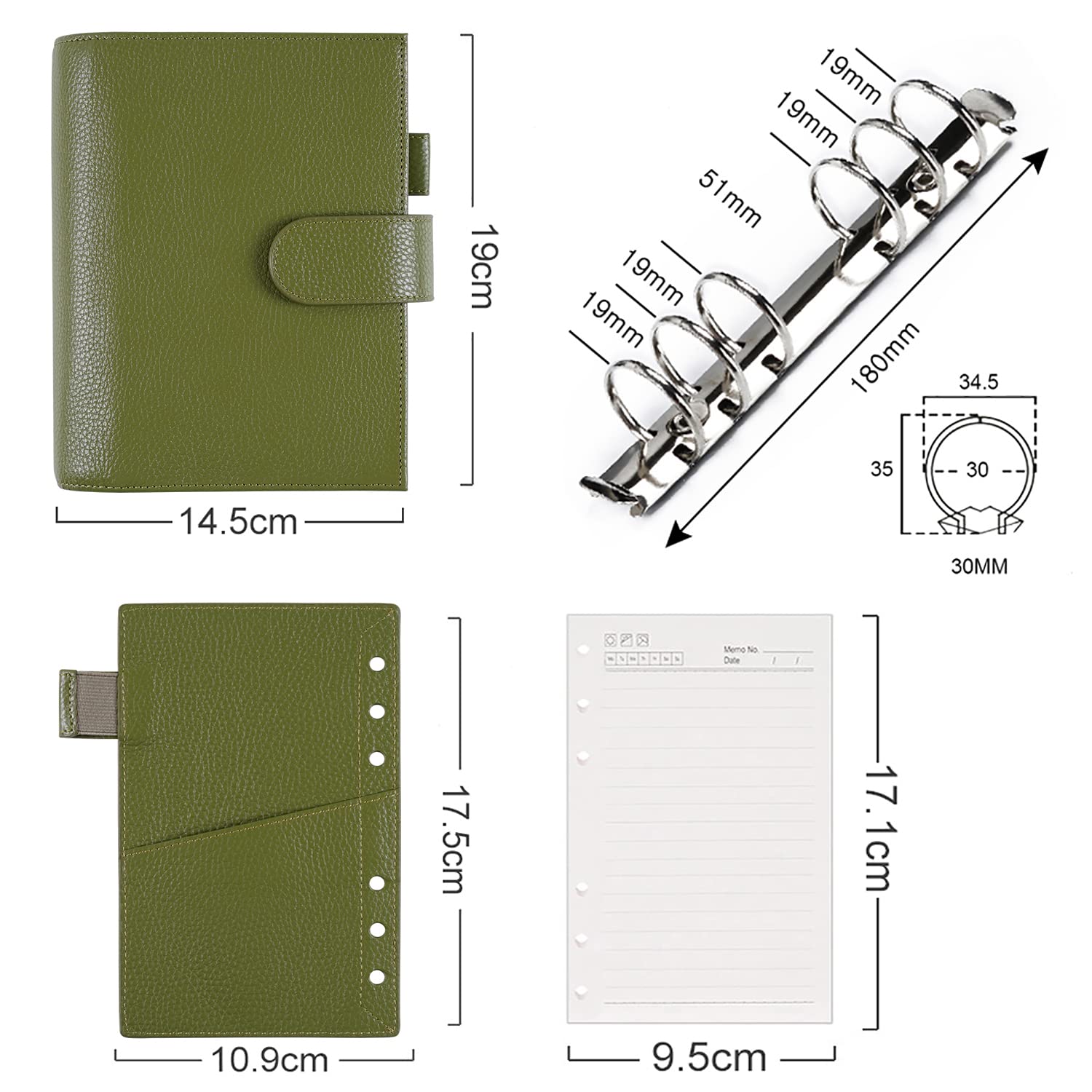 Moterm Personal Luxe Rings Planner - Genuine Leather Binder Organizer with 30mm Rings (Pebble-Olive) | Perfect for Daily Planning, Journaling & Productivity | Office, School & Home Use