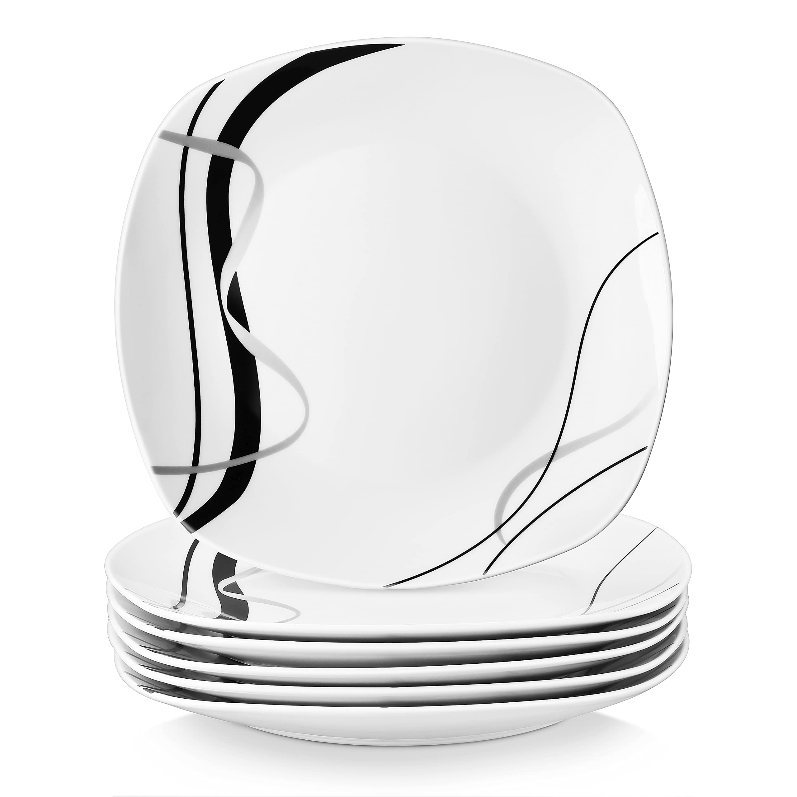 VEWEET 9.8 Inch Square Ceramic Dinner Plates Set of 6 - Microwave & Dishwasher Safe Porcelain Dishes for Salad, Pasta, Appetizers - Elegant Fiona Series for Home Dining, Parties & Restaurants