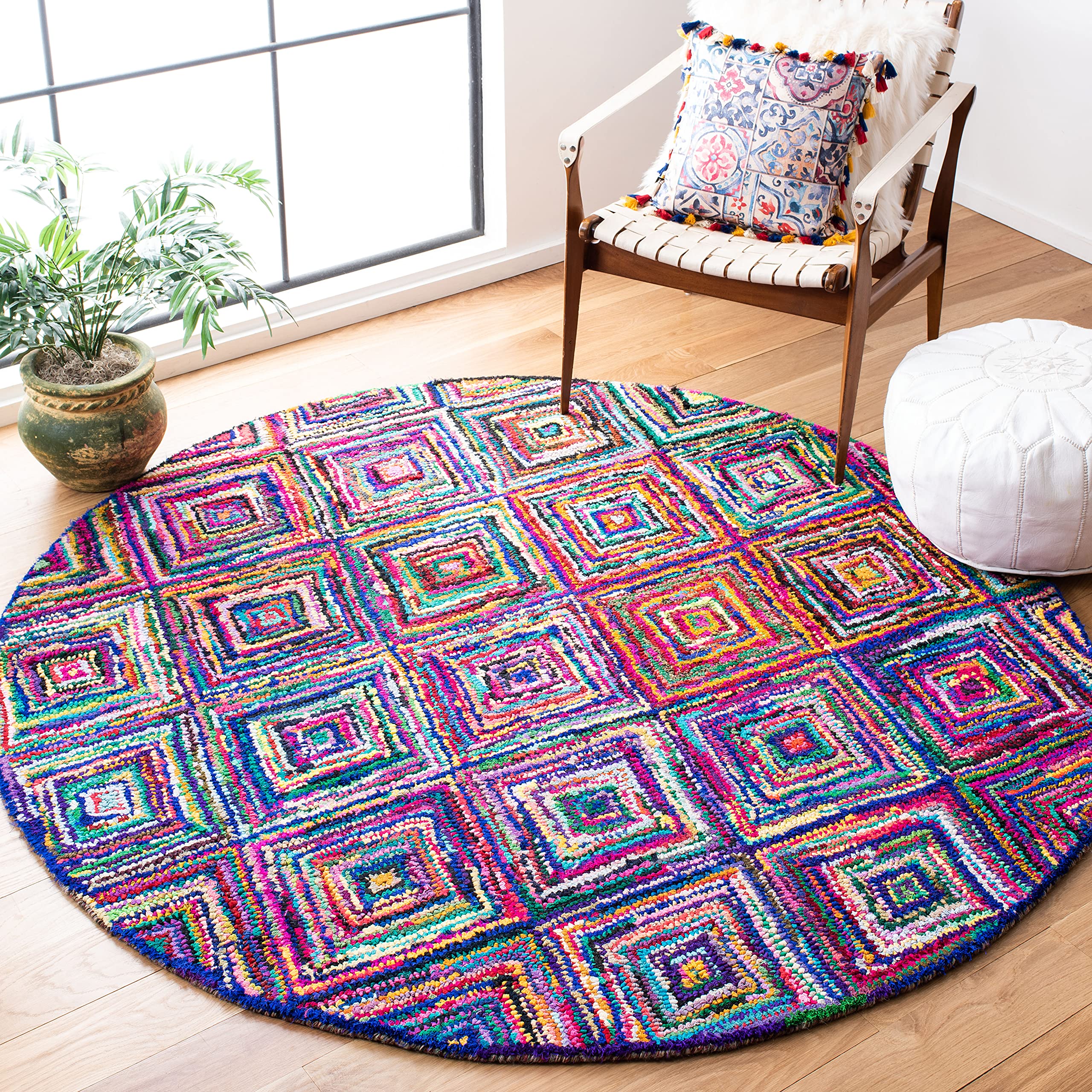 SAFAVIEH Nantucket Collection 8' Round Multi NAN317A Handmade Boho Diamond Cotton Area Rug - Perfect for Living Room, Bedroom & Boho Chic Home Decor