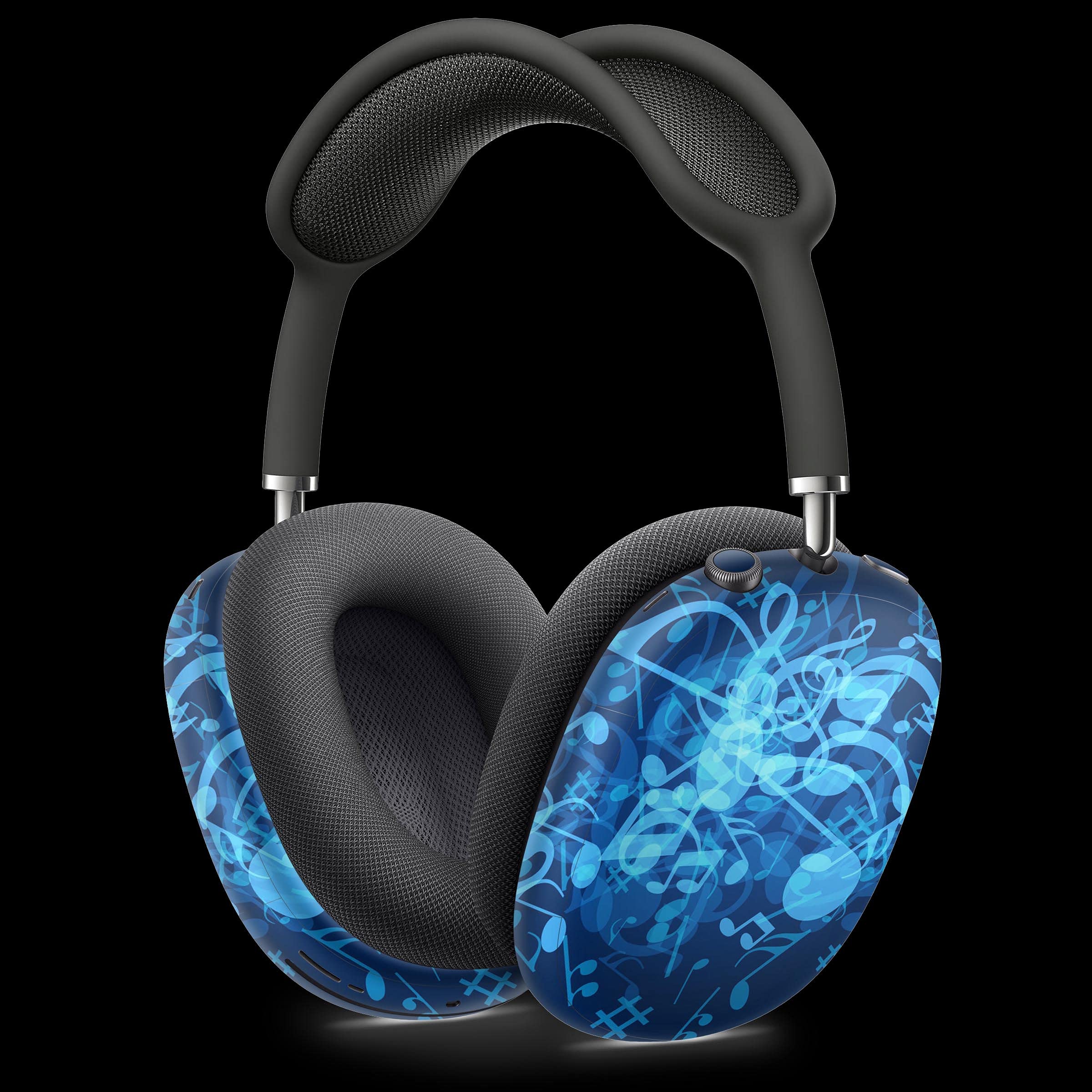 Glowing Blue Music Notes Vinyl Skin Wrap for Apple AirPods Pro Max - Full Body Protective Decal Cover Compatible with Wireless Bluetooth Headphones - Perfect for Music Lovers, DJs & Gift Giving