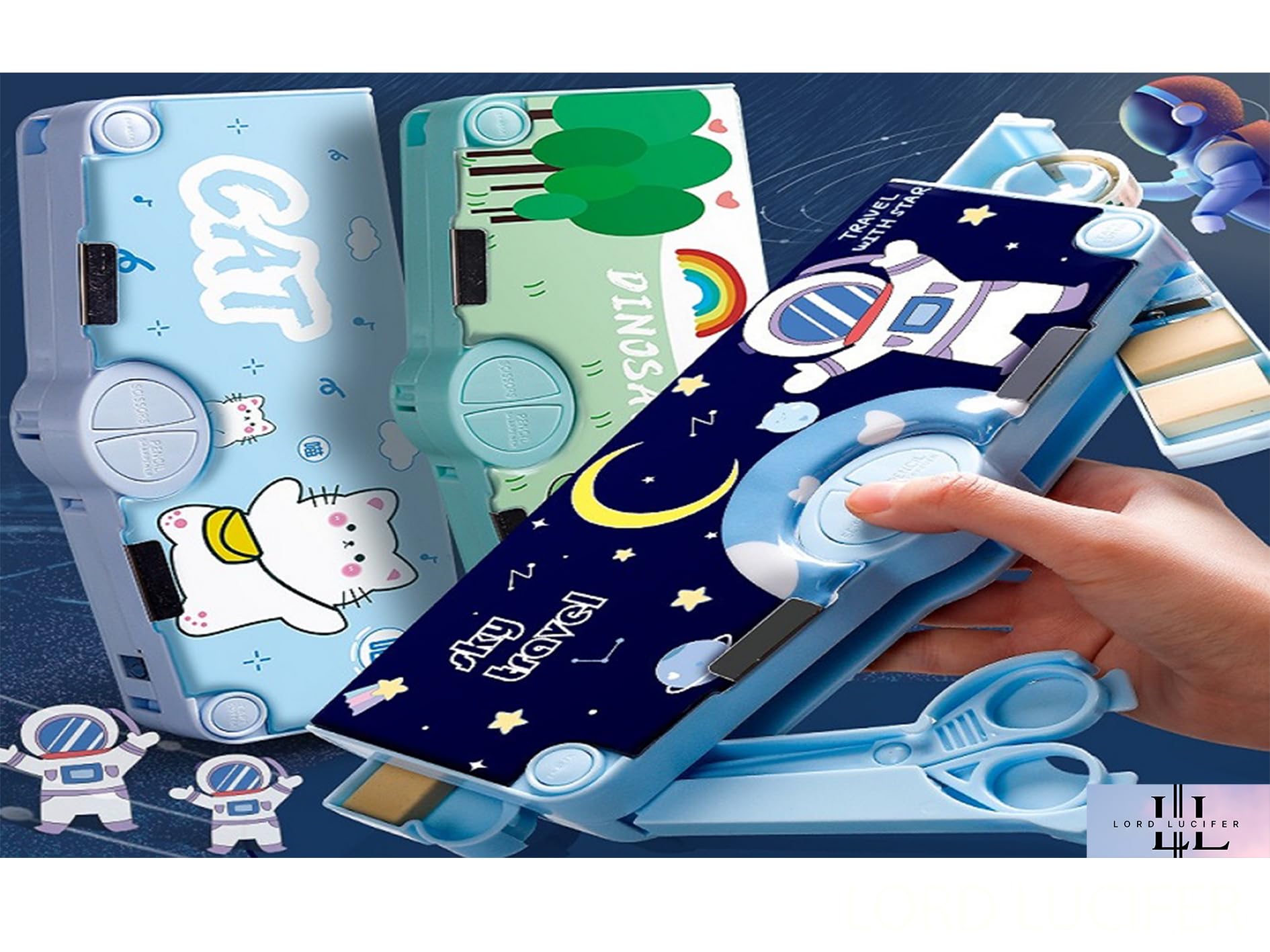 LORD LUCIFER Multifunctional Space Astronaut Pencil Case - School Supplies for Boys & Girls, Geometry Box with Compass, Unicorn Stationery Set - Perfect for Classroom, Homework & Birthday Gifts