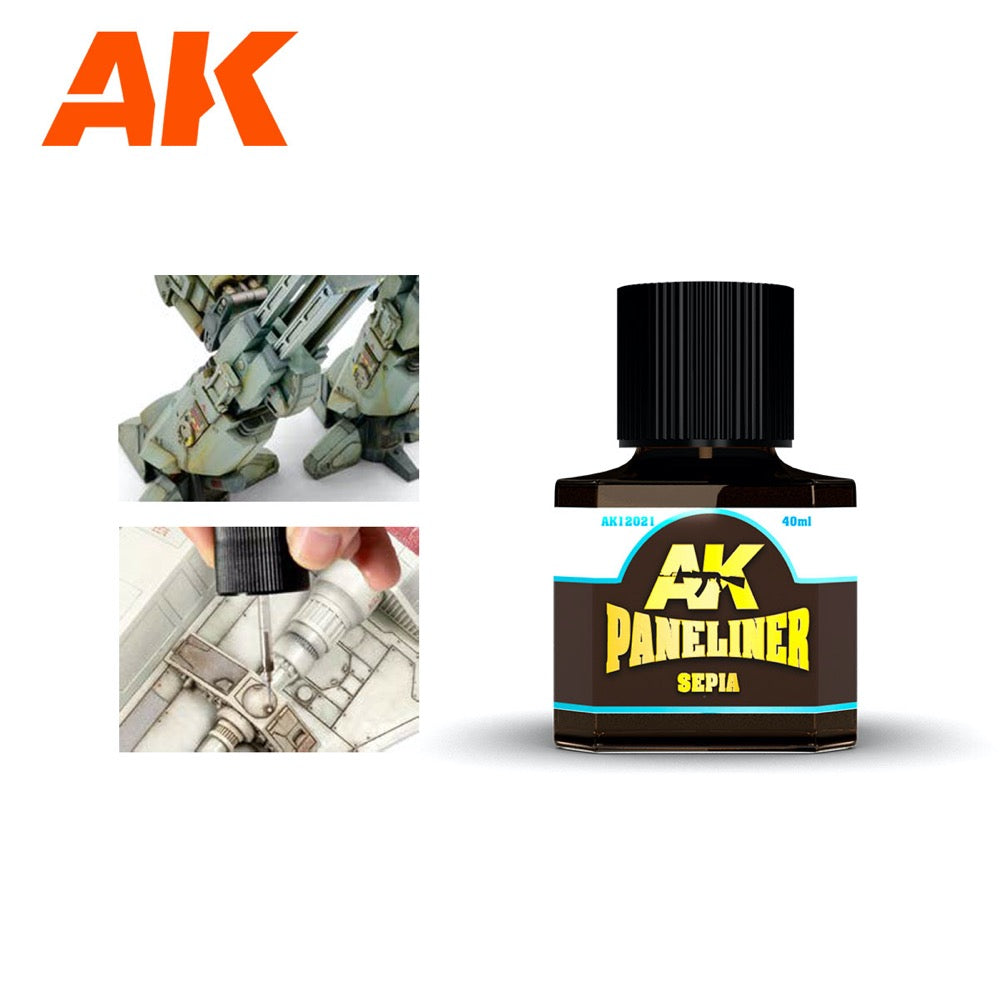 AK Interactive AK12021 Sepia Paneliner Enamel Wash - 40ml Bottle for Model Painting & Weathering Effects - Perfect for Miniatures, Dioramas, and Scale Models