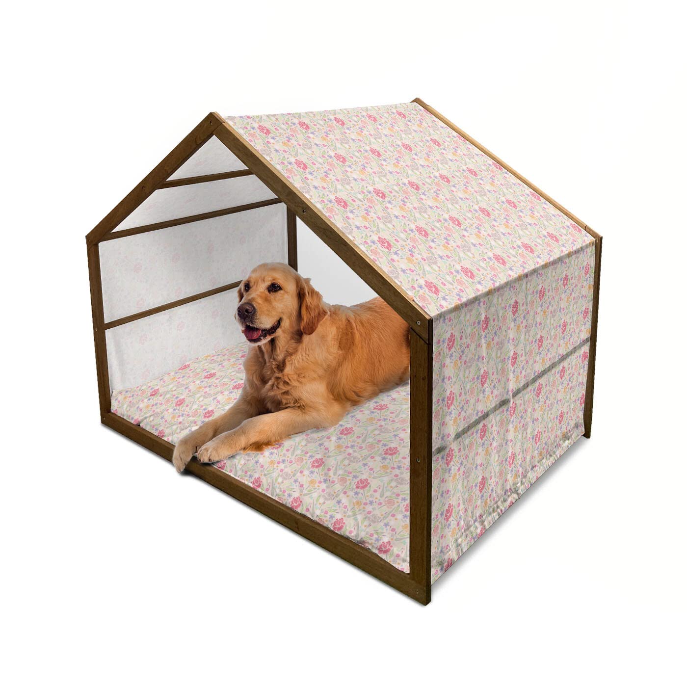 Ambesonne Wooden Dog House - Large Indoor & Outdoor Portable Pet Kennel with Pillow & Cover, Spring Garden Floral Design with Wildflowers & Peonies, 2X-Large Size, Multicolor - Perfect for Backyard, Patio, or Home Decor