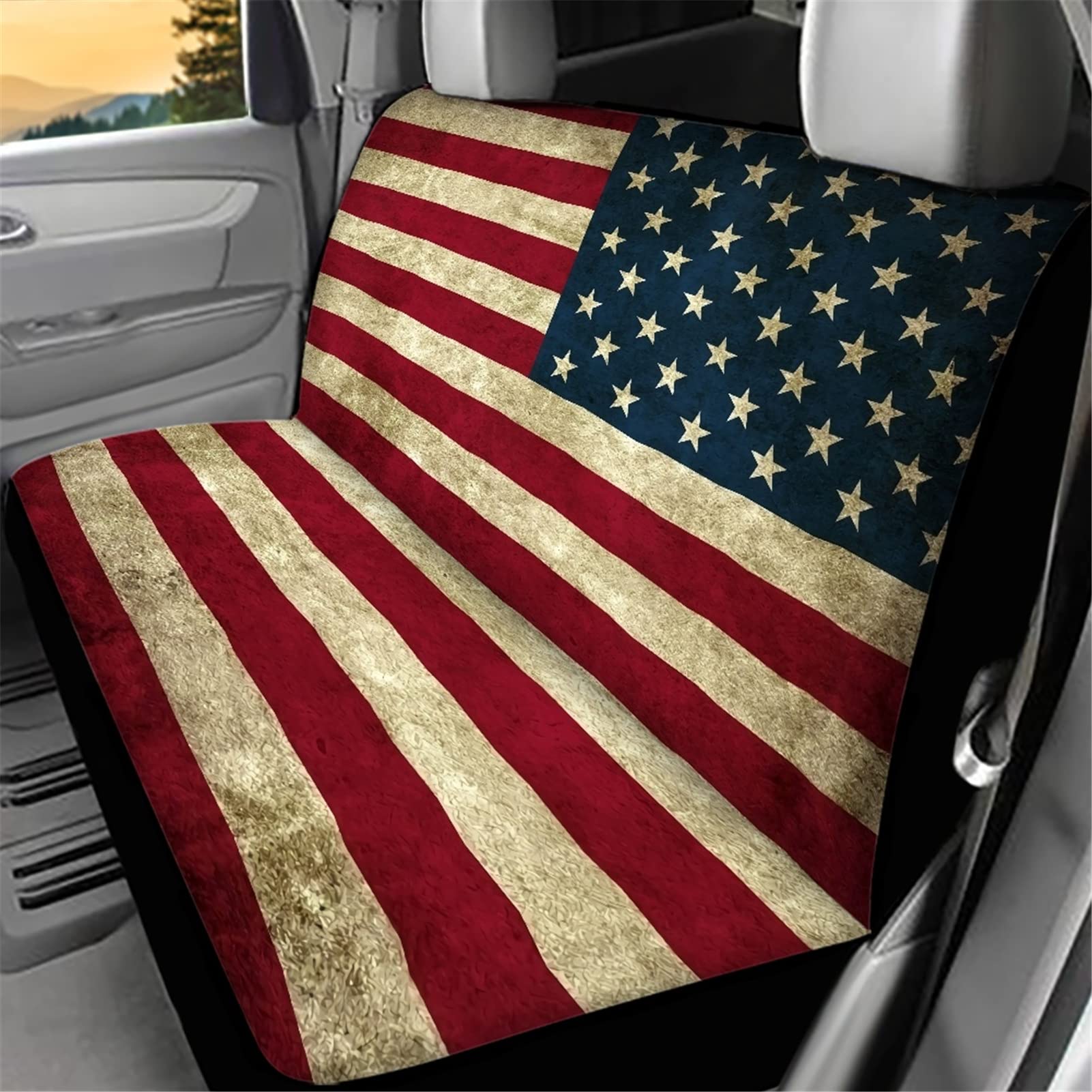 Vintage American Flag Car Seat Covers - Heavy Duty Rear Bench Protector for SUV, Truck, Van & Sedan | USA Patriotic Auto Accessories for Men & Women | Perfect for Pet Owners & Road Trips