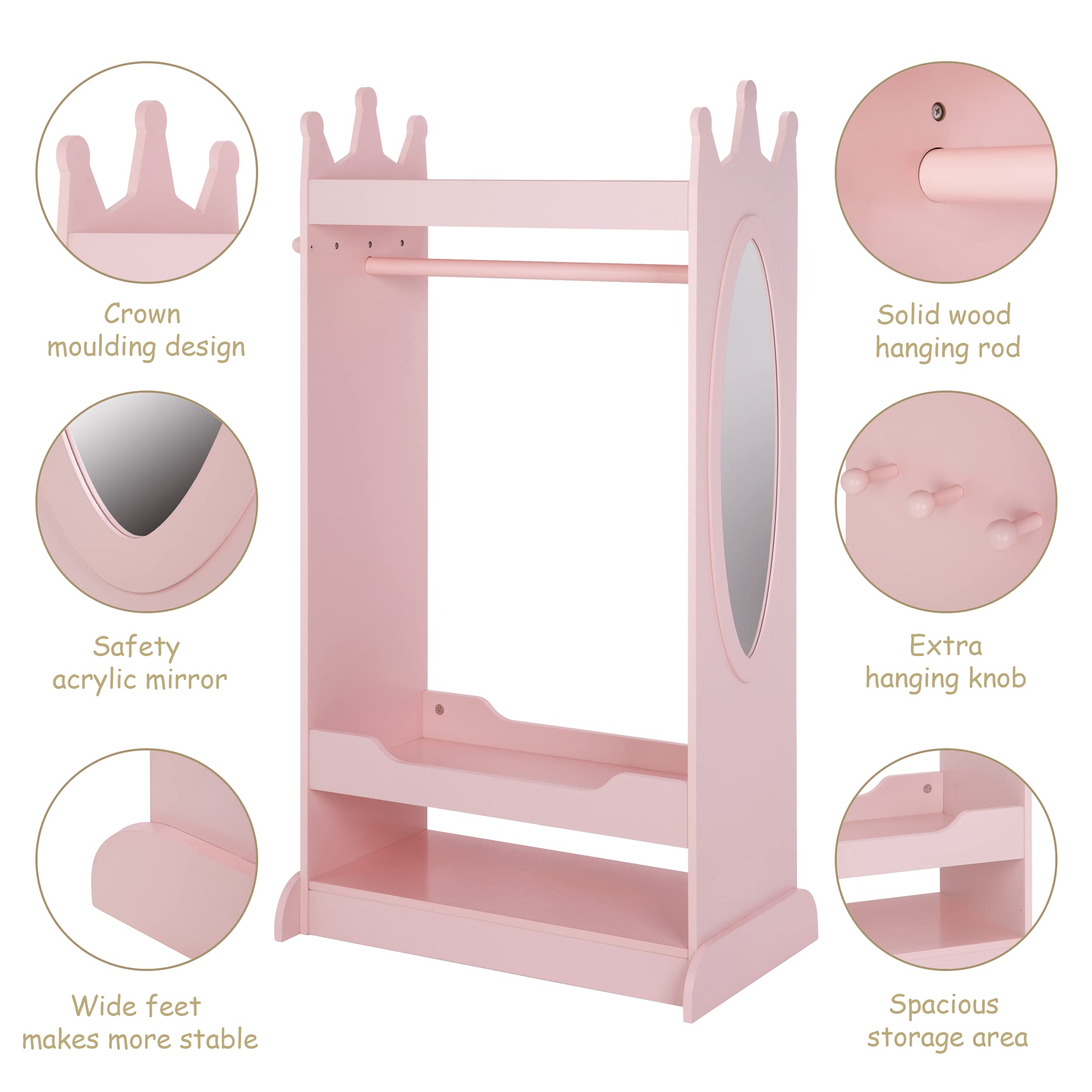 UTEX Kids Dress Up Storage with Mirror - Pink Costume Wardrobe & Hanging Armoire Closet for Girls | Pretend Play Storage Organizer for Dress-Up Clothes, Accessories & Toys | Perfect for Bedroom, Playroom & Nursery Organization