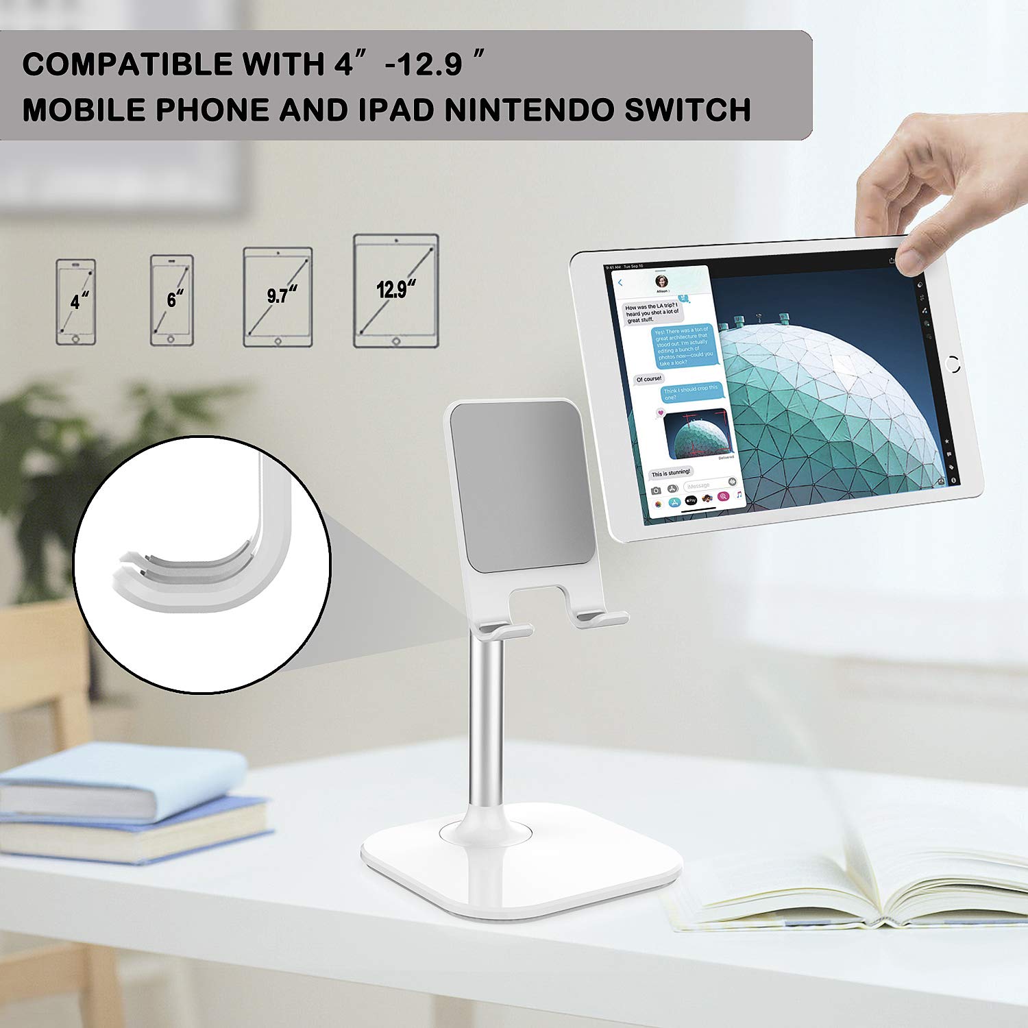 Doboli Adjustable Phone Stand for Desk - Universal Smartphone & Tablet Holder Compatible with iPhone, Samsung, iPad - Perfect Christmas Gift for Women, Men, Mom, Wife (White) - Ideal for Office, Home, Kitchen & Video Watching