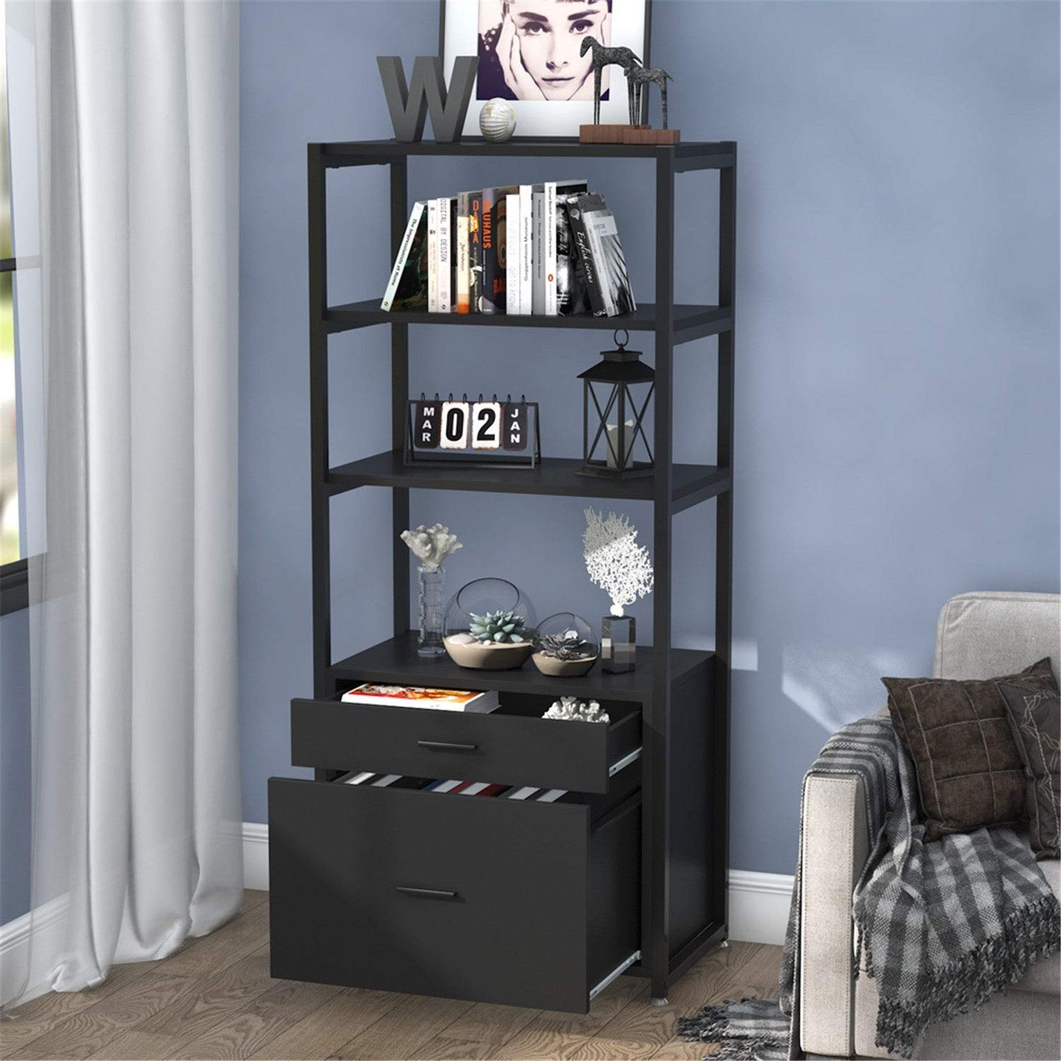4-Tier Bookcase with 2 Drawers - Black Modern Metal & Wood Finish Bookshelf for Home Office, Living Room, Bedroom Storage & Organization