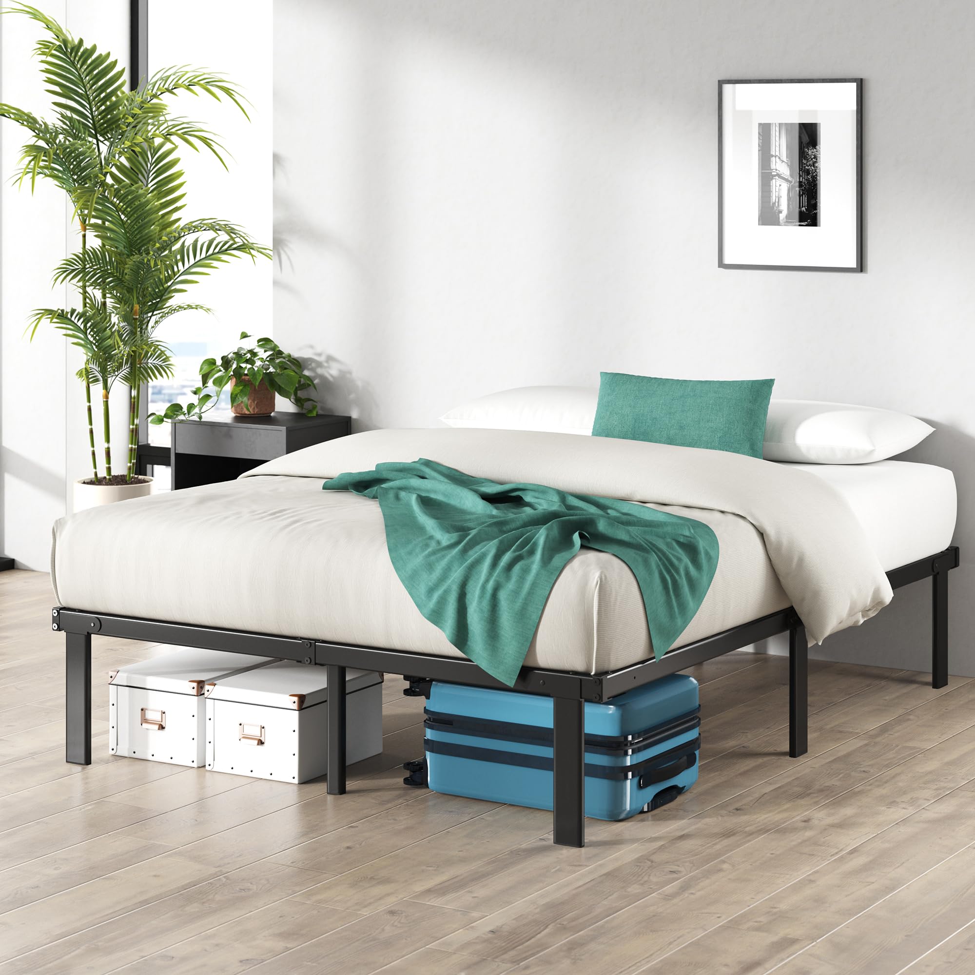 Zinus Caleb 140x190cm Platform Bed Frame with Under Bed Storage - 36cm Height, Foldable Steel Frame in Black - Perfect for Small Bedrooms & Guest Rooms