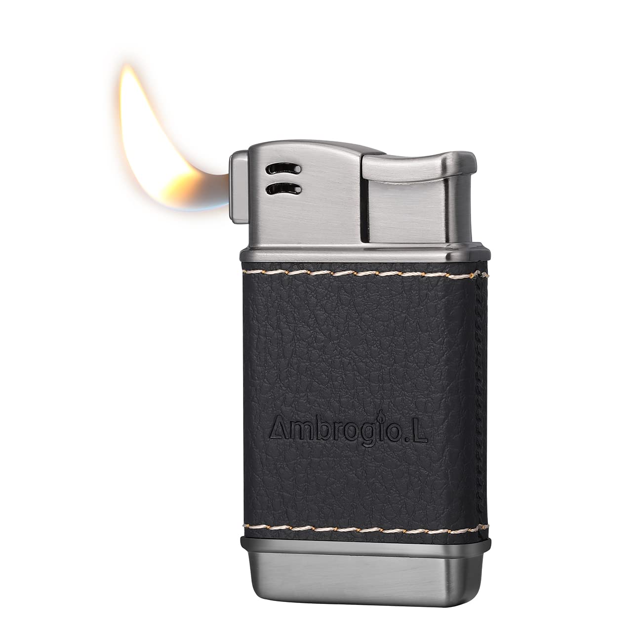 Ambrogio.L Pipe Lighter - Refillable Butane Soft Flame Lighter with Genuine Leather Case, Black Brushed Finish - Perfect for Men's Smoking Accessories, Pipe & Cigar Lighting, Outdoor Use & Gifts