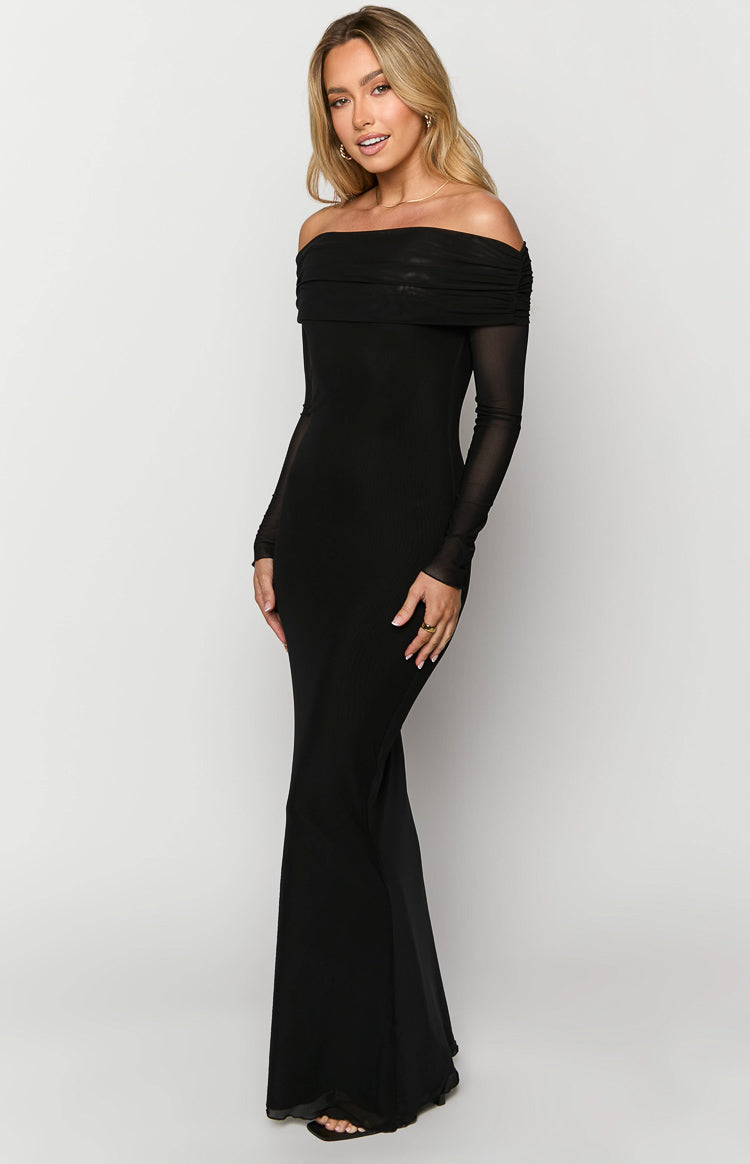 Coraline Black Long Sleeve Maxi Dress for Women - Elegant Gothic Lace Evening Gown for Parties, Weddings & Formal Events