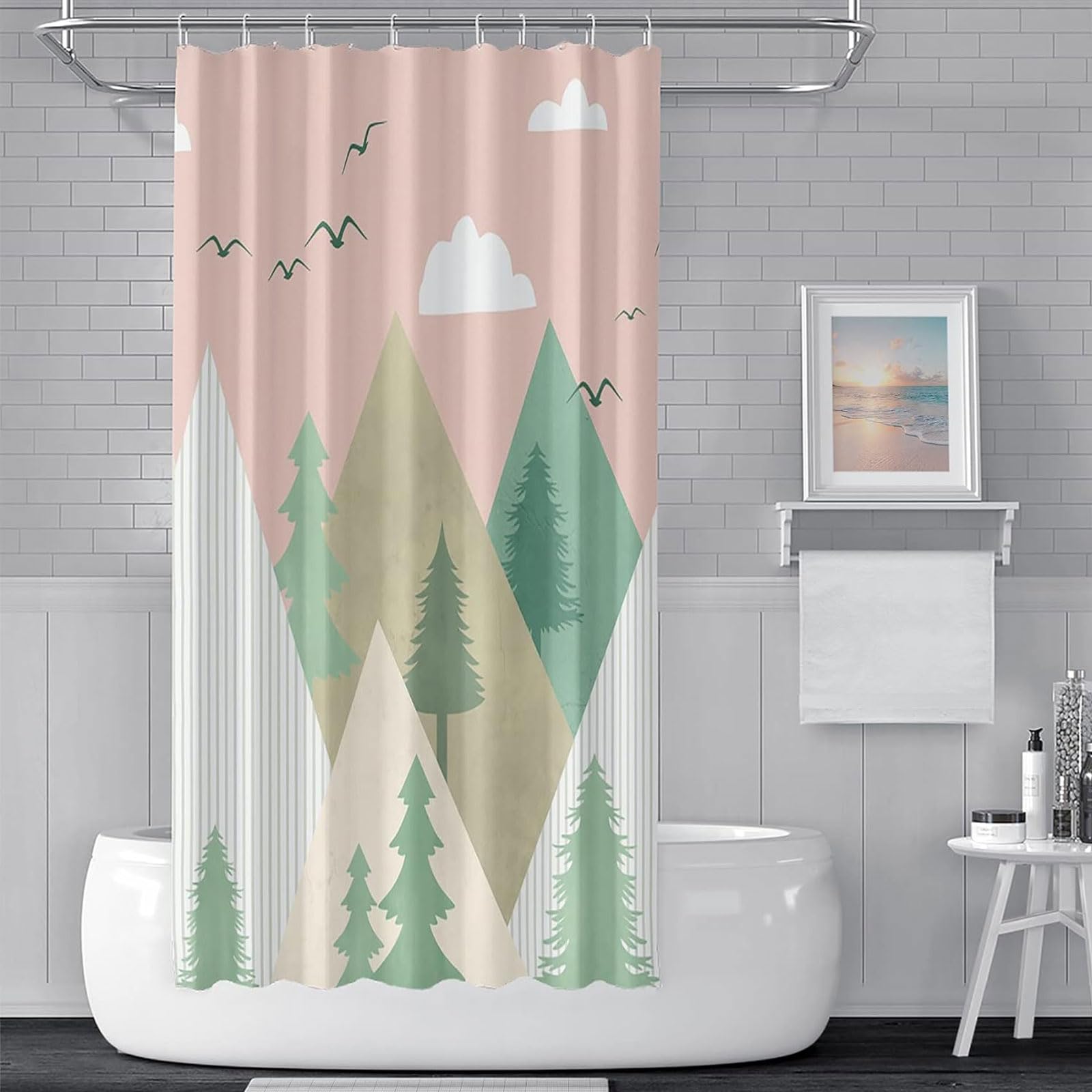 Yeele Mountain Forest Shower Curtain - Waterproof Pine Tree Design with White Clouds & Wild Geese - Pink Bathroom Decor with 12 Hooks (48x72 inches) - Perfect for Rustic, Nature-Inspired Bathroom Themes