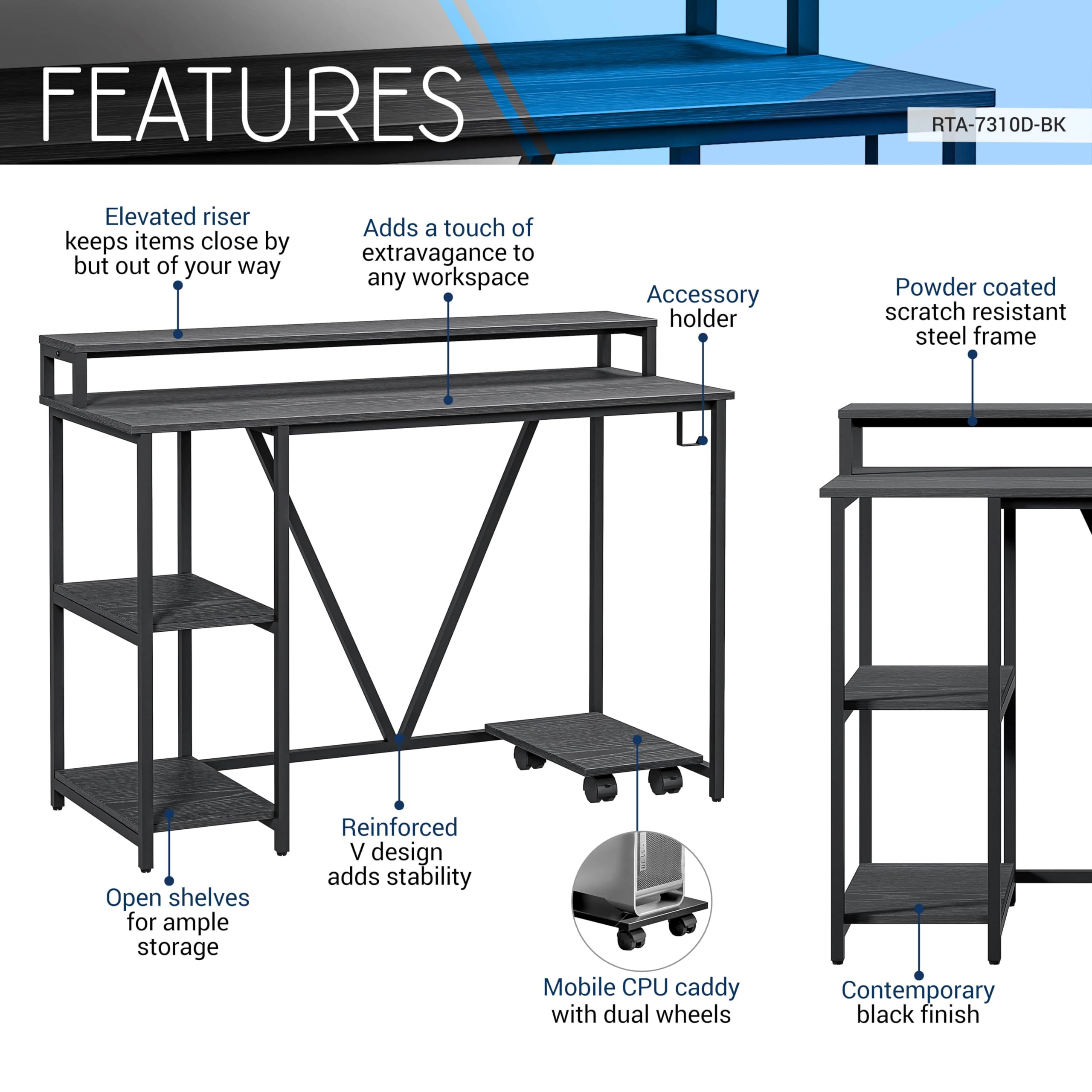 Techni Mobili Industrial Computer Desk with Storage Shelves, Monitor Stand & Accessory Holder - Home Office Laptop Table with CPU Caddy & 2-Tier Bookshelf - Perfect for Small Spaces & Modern Workstations