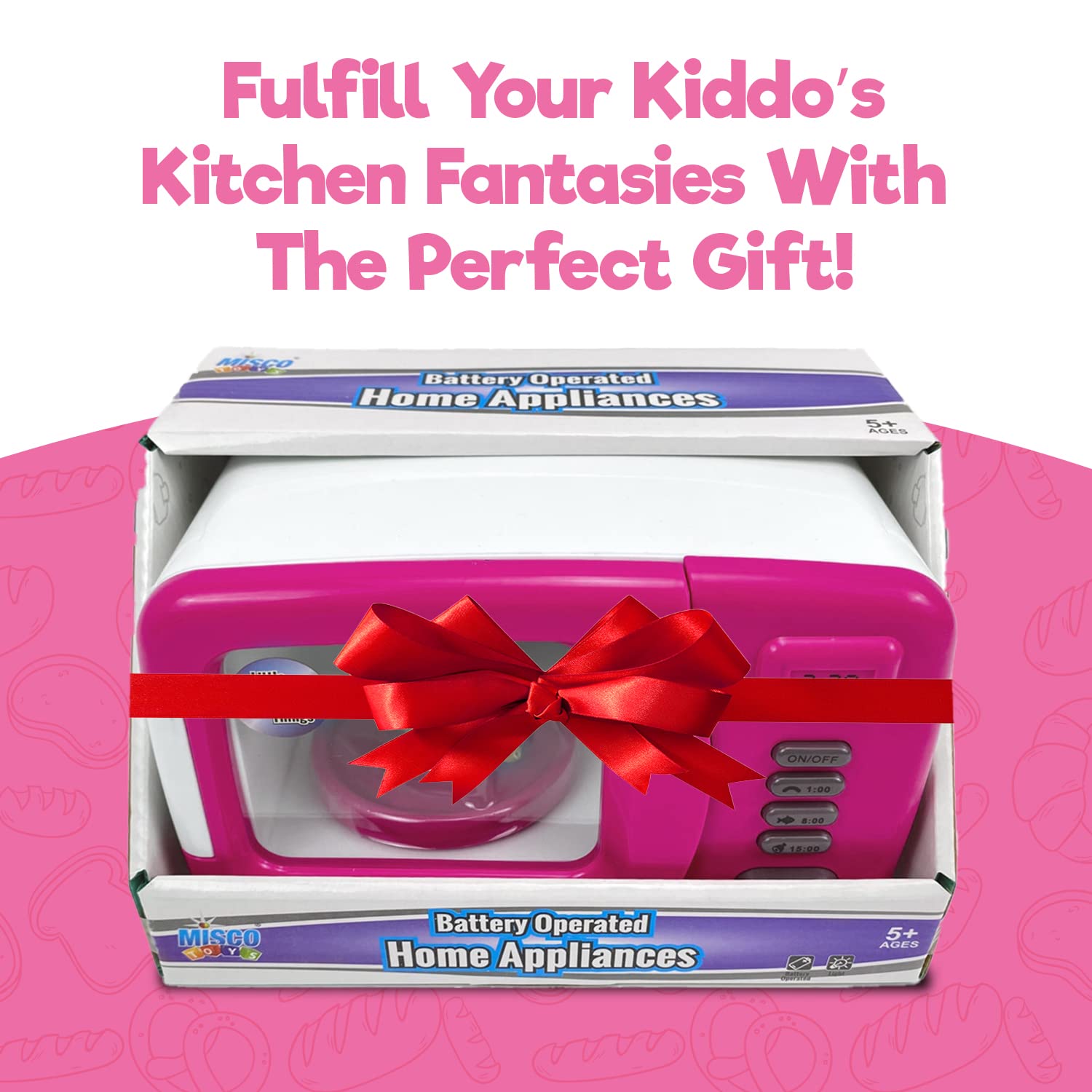 Misco Toys Kids Pretend Play Microwave Oven - Realistic Light & Sound Effects, Interactive Kitchen Toy Set for Toddlers Ages 3+ (Pink) | Perfect for Role Play, Birthday Gifts & Early Learning Development