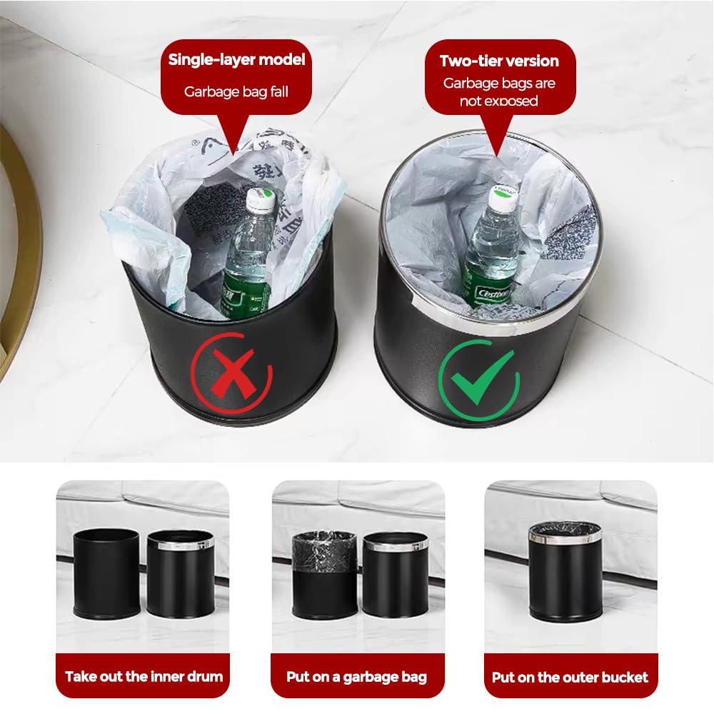 Open Top Metal Trash Can - Black Round Waste Basket for Hotel, Restaurant & Office Use - Durable Garbage Bin for Commercial Spaces, Reception Areas & Housekeeping