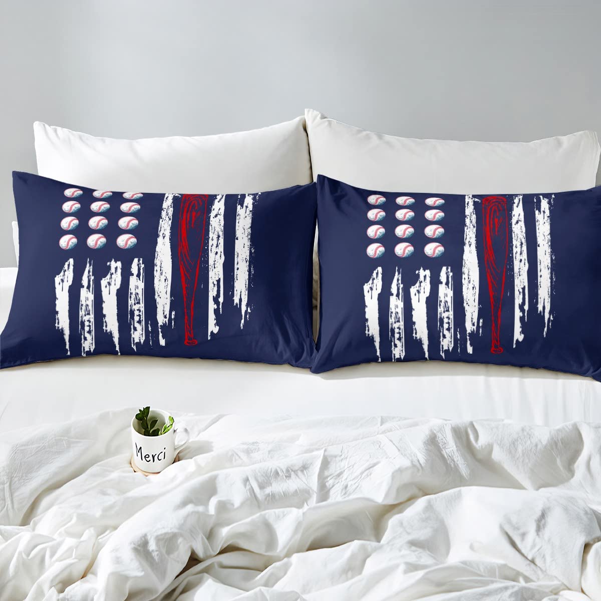 Castle Fairy Baseball Printed Kids Bed Sheets Set - 3 Piece American Flag Sports Theme Twin Size with Deep Pocket Fitted Sheet & Retro Flat Sheet + Pillow Sham - Perfect for Boys' Room Decor, Game Day Themed Bedding, and Sports Lover Gifts