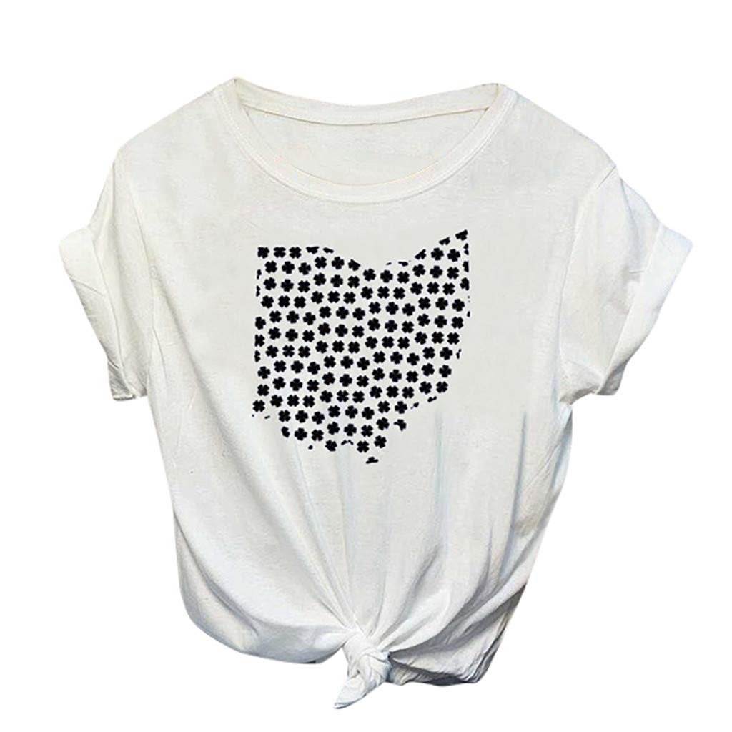 Women's Casual Short Sleeve Lucky Print T-Shirt - Floral Lace Trim Blouse for Summer, Party & Everyday Wear | White O-Neck Top