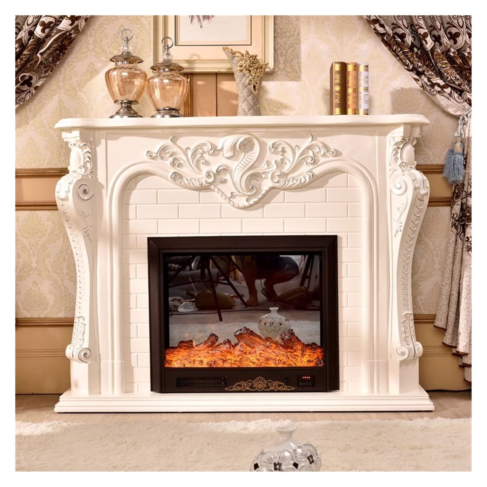 Electric Fireplace Insert with Realistic Flame Effect - White Wooden Mantel Frame, No Heater - Perfect for Living Room, Bedroom & Office Decoration