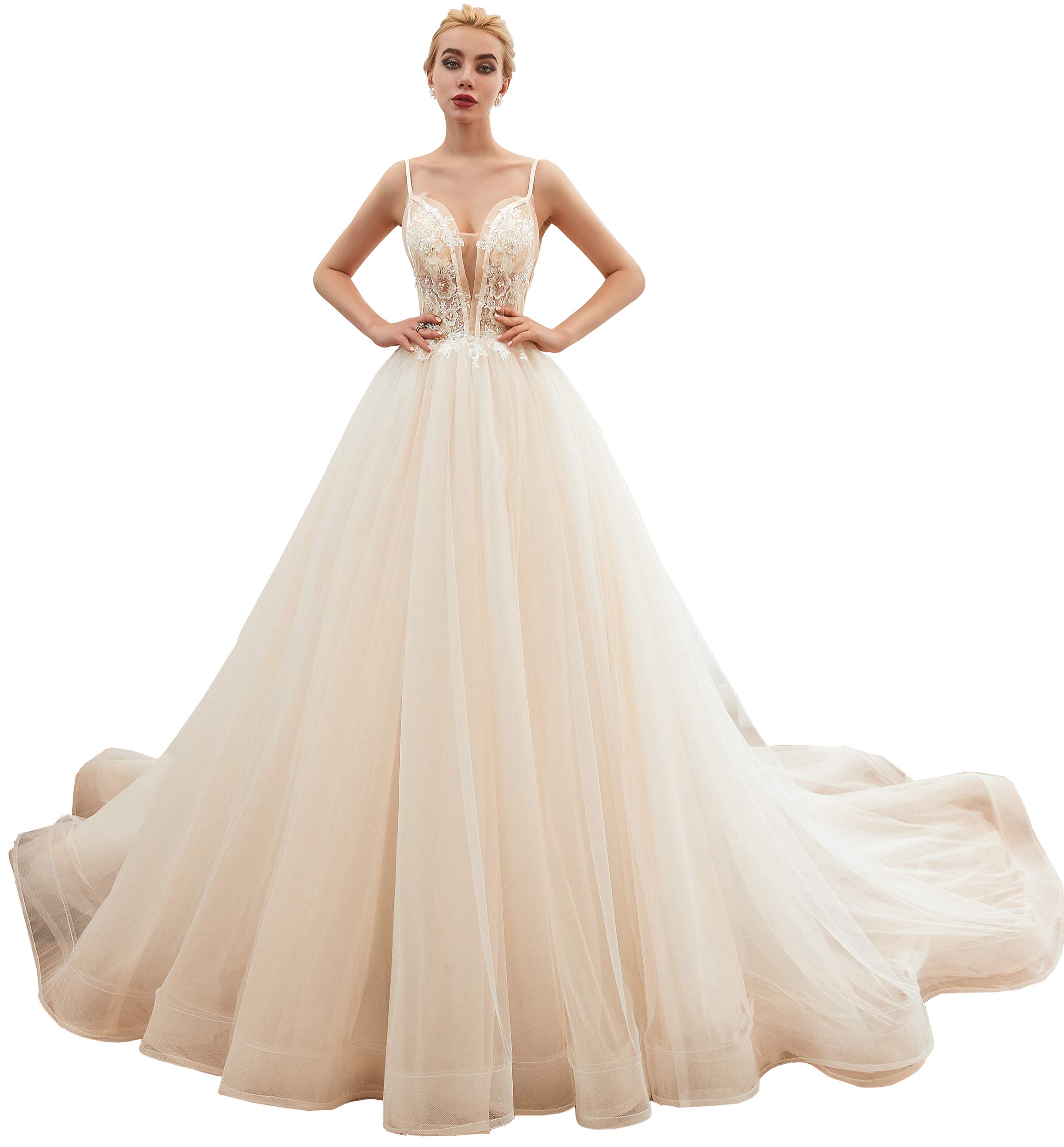 Elegant Women's Spaghetti Straps Beaded Applique Tulle Beach Wedding Dress - Perfect for Beach Ceremonies, Destination Weddings & Summer Bridal Gowns