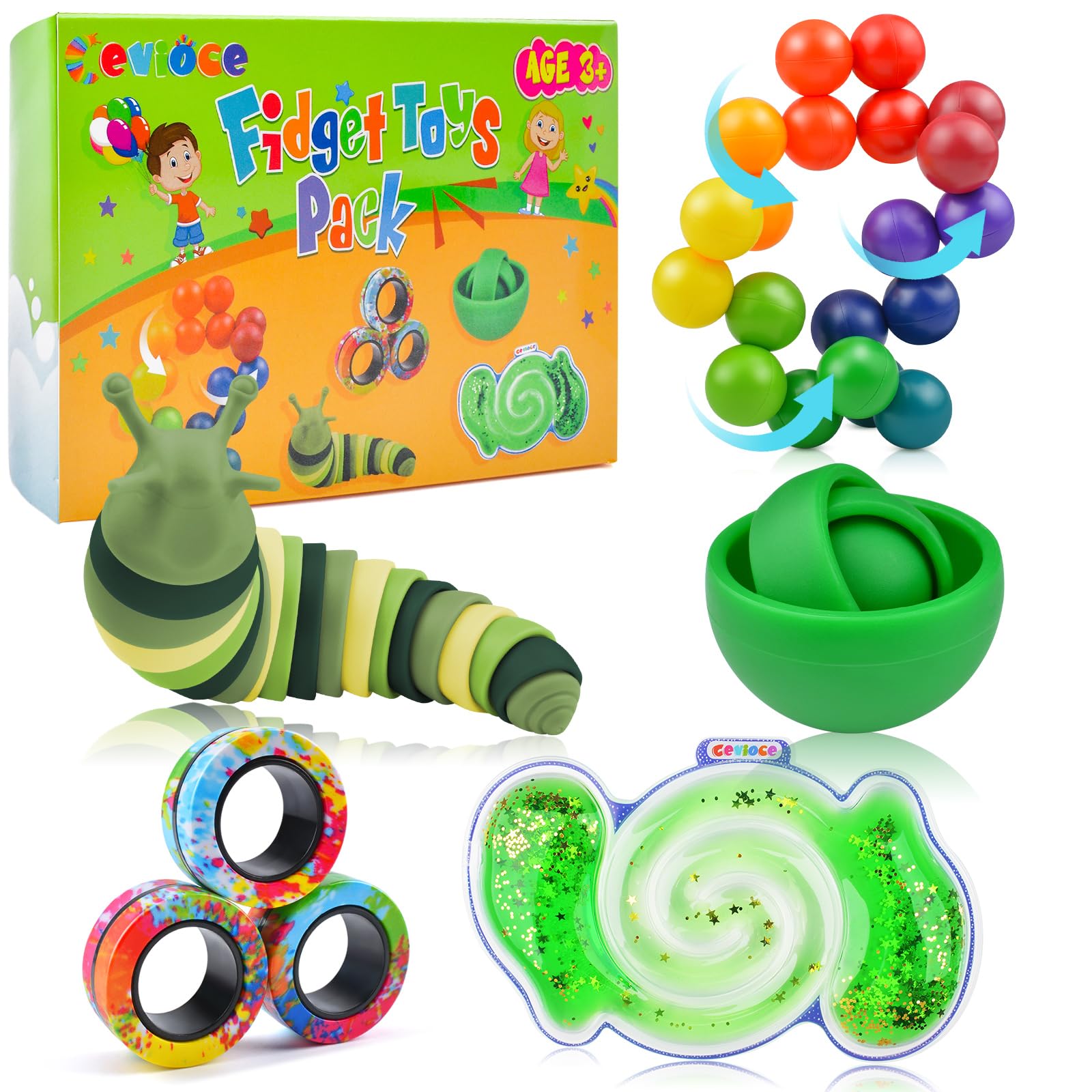 Cevioce 5Pcs Stress Relief Fidget Toys Set for Adults & Kids - ADHD Sensory Toys with Spinner, Slug Magnetic Rings & Squishy Toys - Easter Basket Stuffers, Party Favors, Autism Therapy & Classroom Sensory Tools