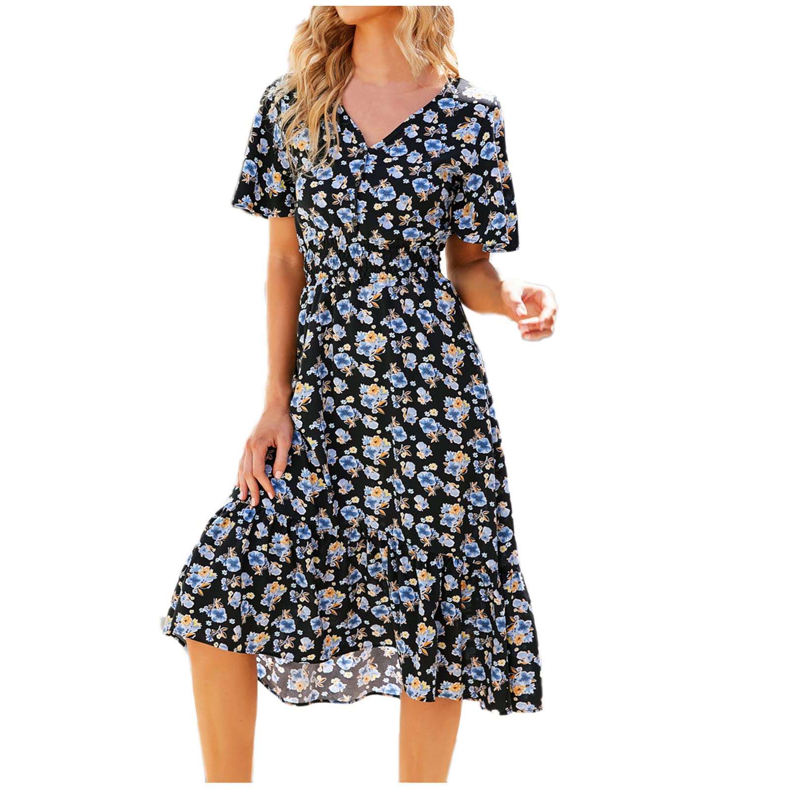 Ylioge Plus Size Summer Dresses for Women - Fashion Button Down Casual V-Neck Floral Ruffles Short Sleeve Cocktail Dress | Perfect for Beach Vacations, Garden Parties & Date Nights
