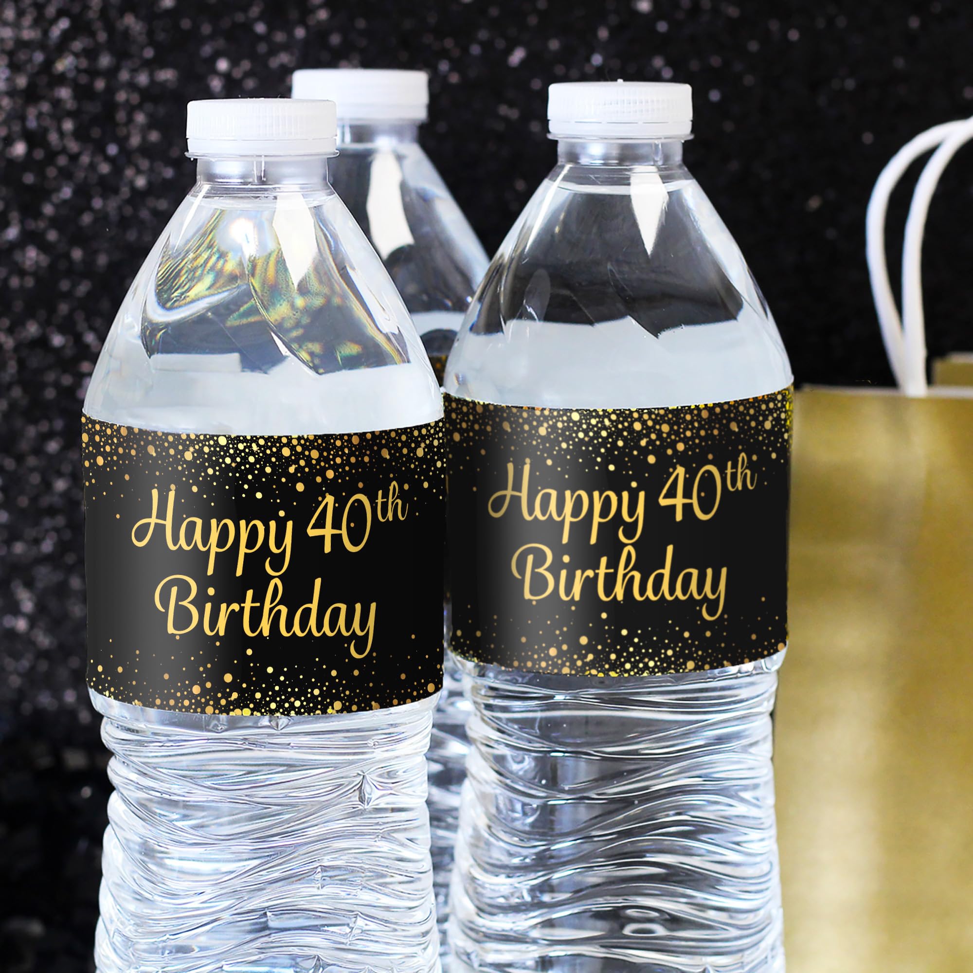 Black Gold 40th Birthday Water Bottle Labels - 24 Stickers for Party Decor