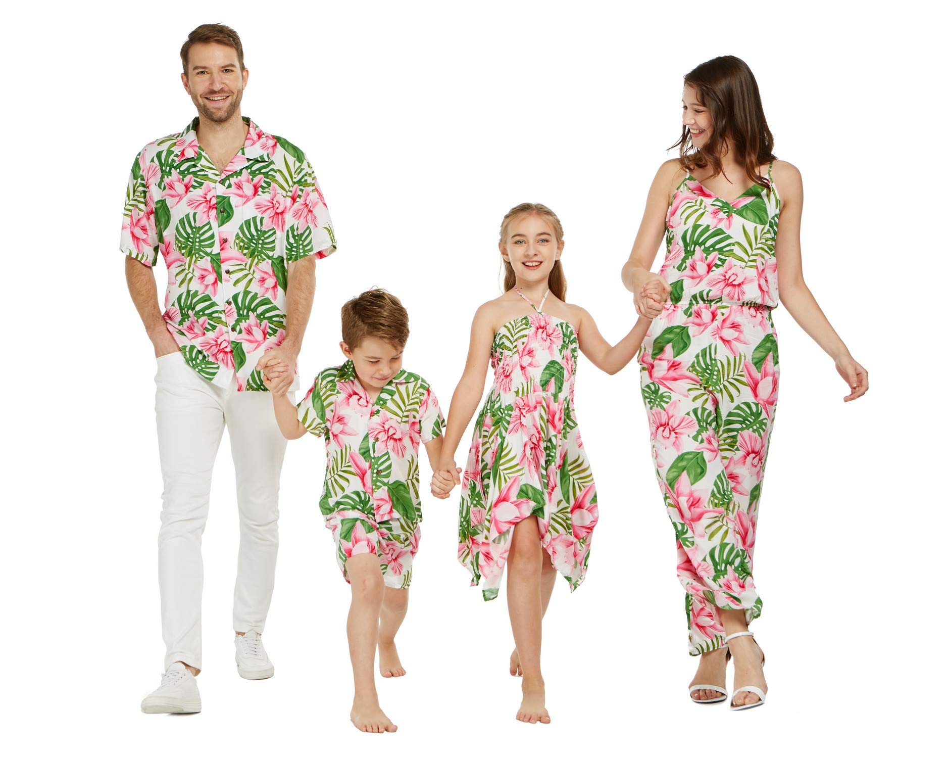 Matching Hawaiian Luau Outfits for Siblings - Tropical Floral Print Boy & Girl Aloha Shirts and Dresses | Perfect for Family Vacations, Beach Parties, and Summer Photoshoots
