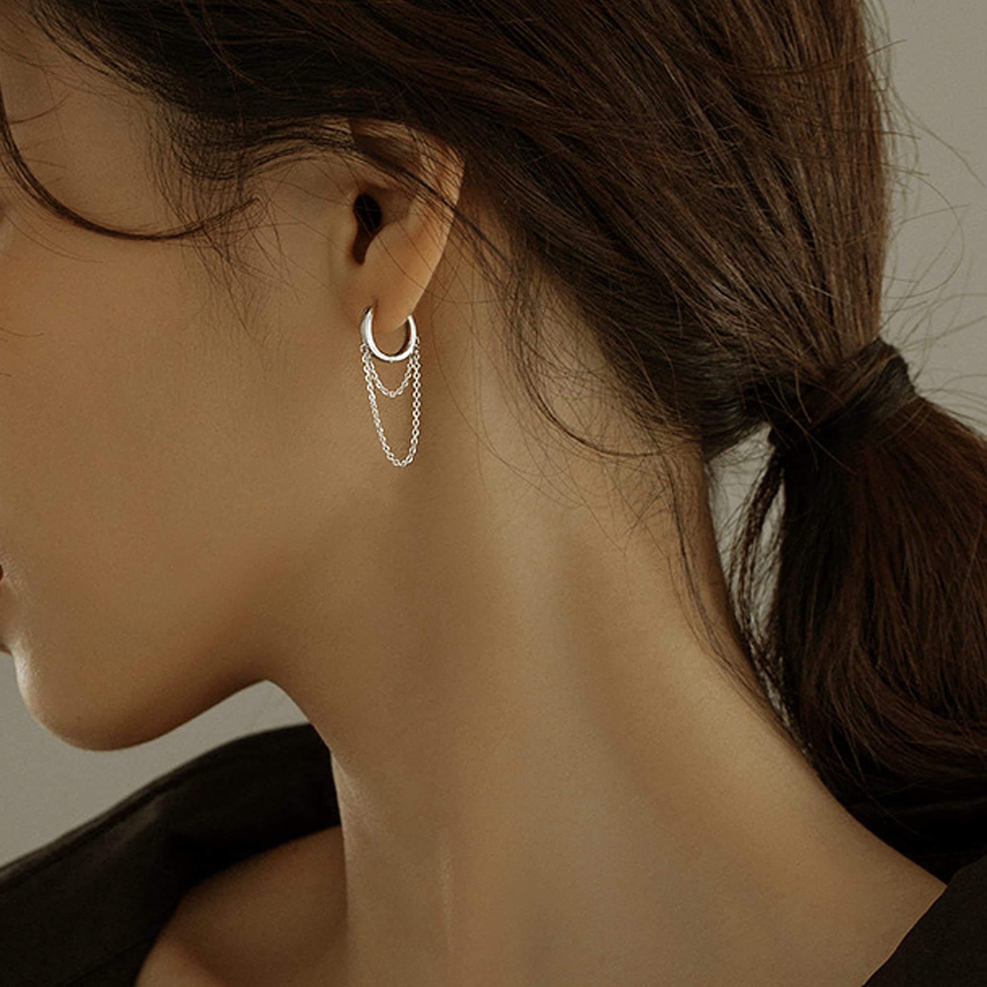 14K Gold Stud Earrings Set for Women - 925 Silver Plated Zirconia Earrings with Huggie Hoop Chain | Multiple Piercing Jewelry for Everyday Wear, Parties & Gifting