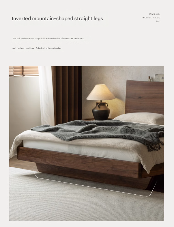 Black Walnut Solid Wood Bed Frame - Wabi Sabi Style Minimalist Bedroom Furniture for Zen & Japandi Home Decor