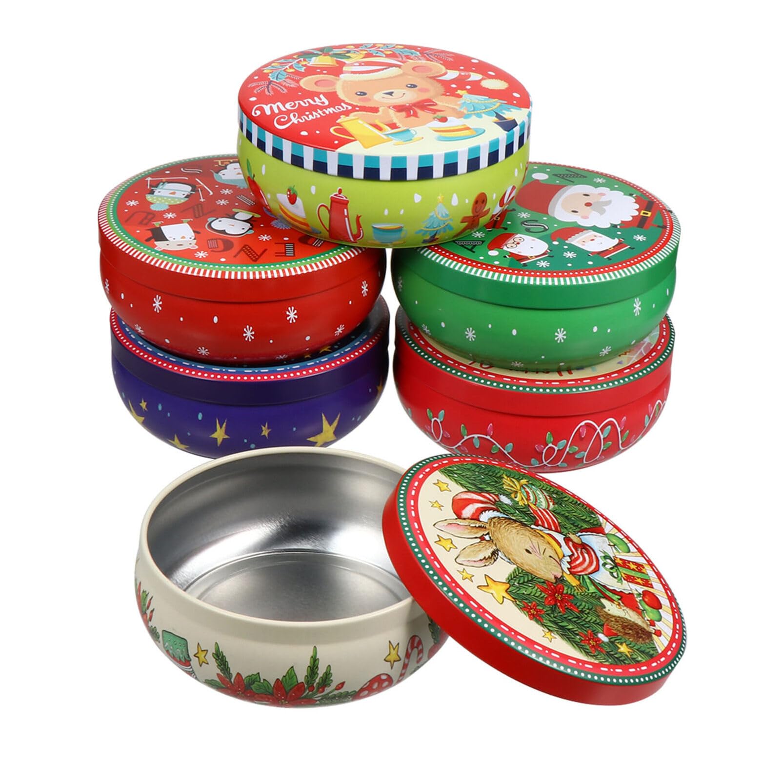 6-Piece Round Christmas Cookie Tins Set - Decorative Metal Candy Storage Containers with Lids - Elegant Holiday Tin Box for Cookies, Candies & Baking Treats (Assorted Colors) - Perfect for Christmas Gifts, Party Favors & Home Decor